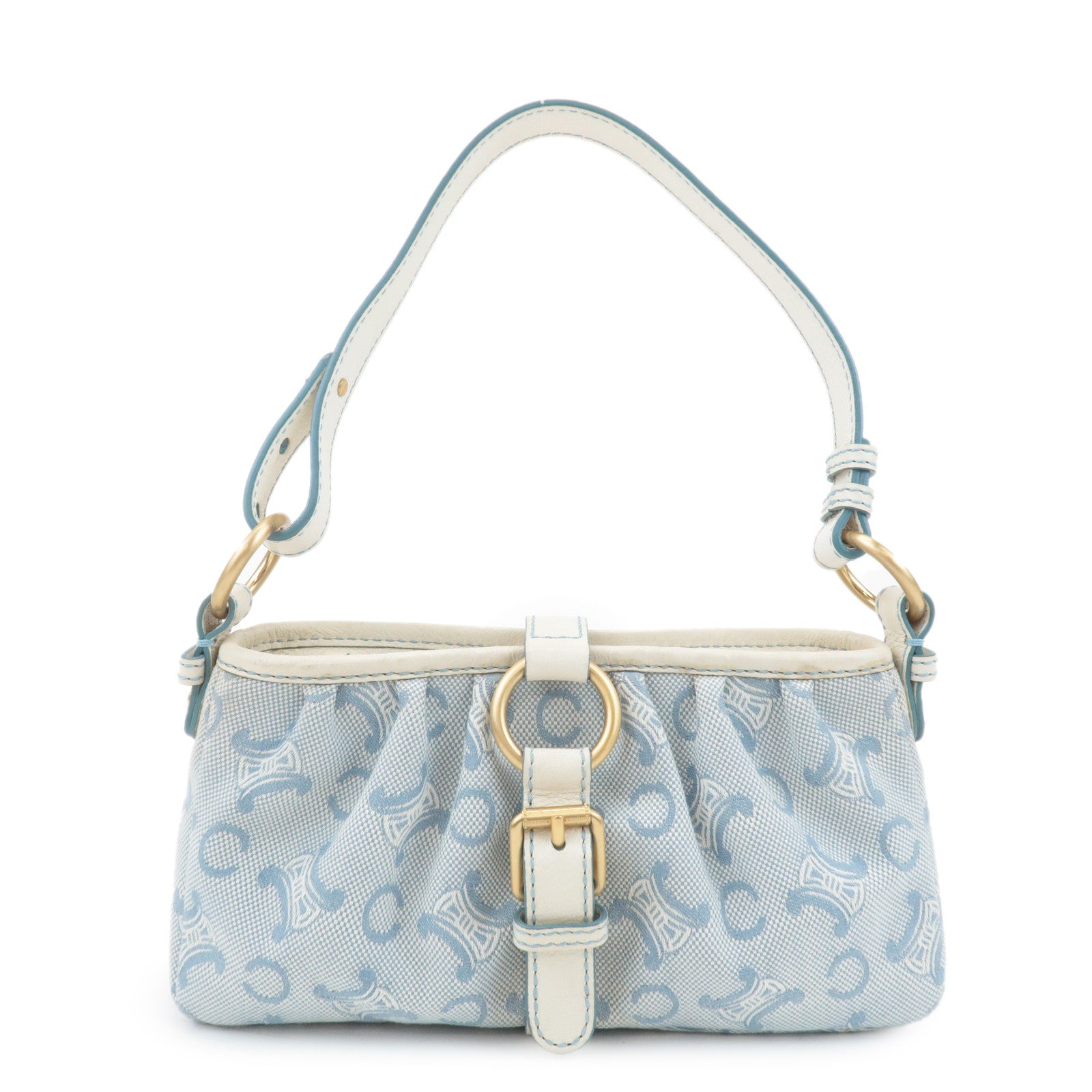 CELINE Canvas Leather Shoulder Bag Hand Bag Blue Ivory Used