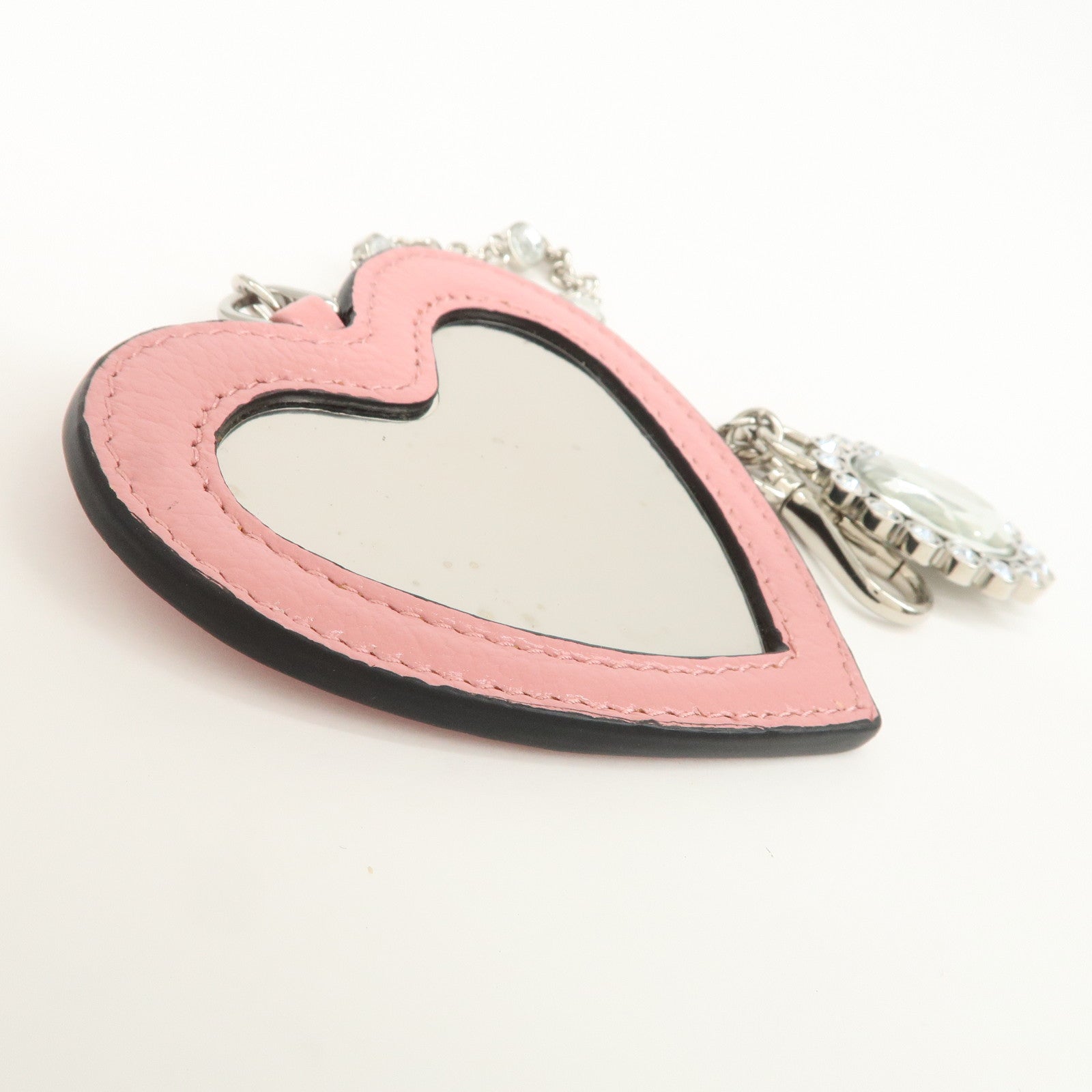 MIU MIU Leather Heart Motif Mirror Bag Charm Key Chain Pink 5TL376