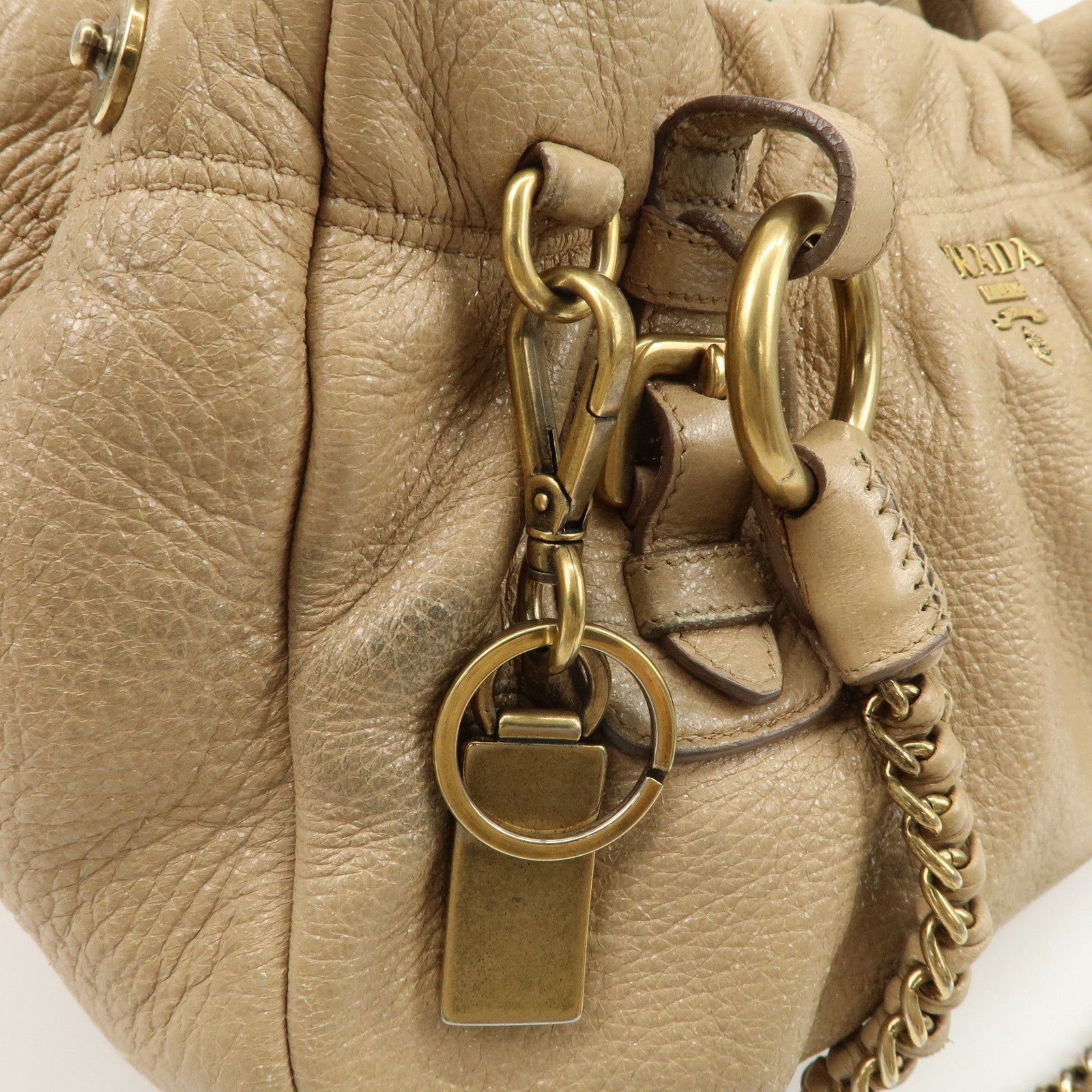 PRADA Leather Chain Shoulder Bag Beige