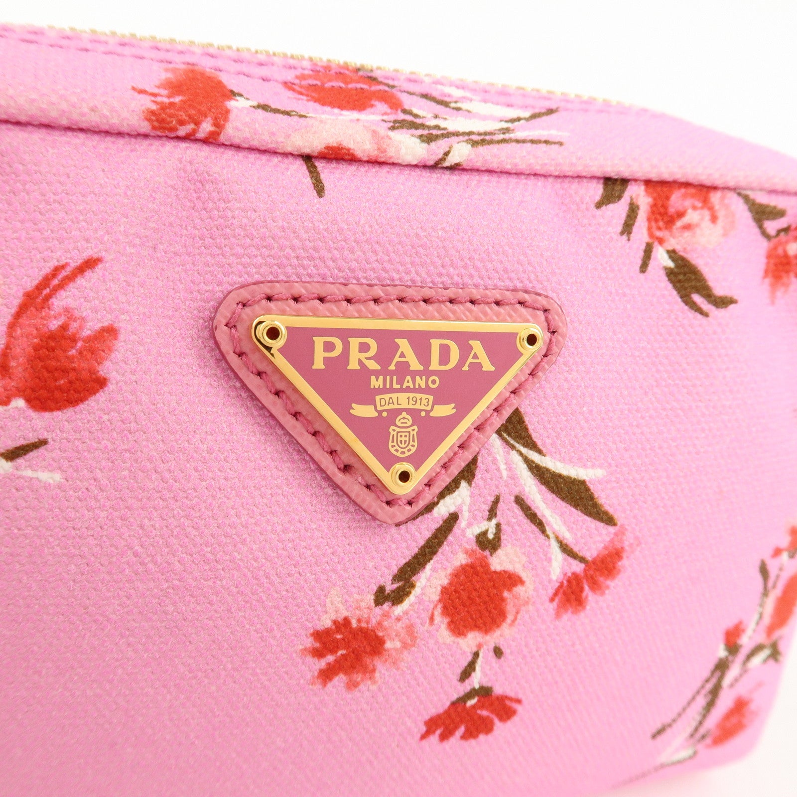 PRADA Canapa Canvas Leather Cosmetic Pouch Flower 1NA021 Pink