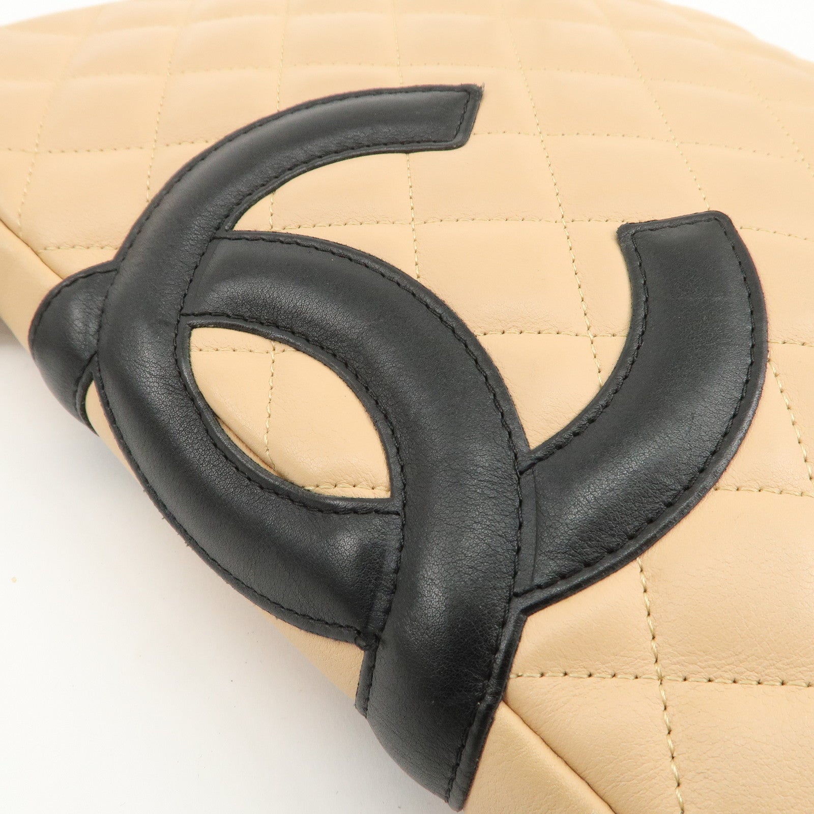 CHANEL Cambon Line Lambskin Shoulder Bag Beige Black A25178 Used