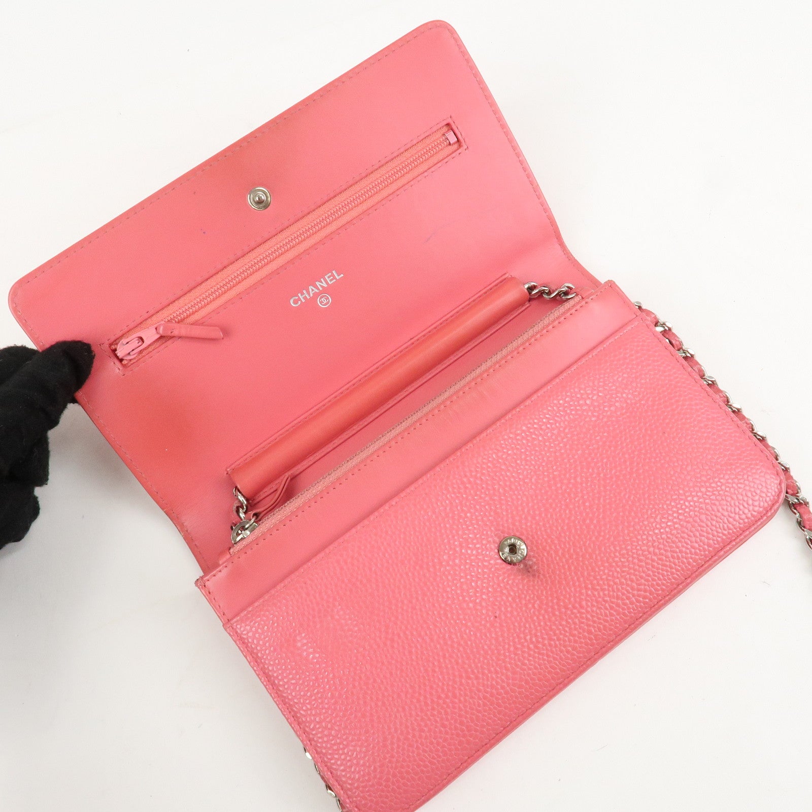 CHANEL COCO Mark Caviar Skin Chain Wallet WOC A48654 Pink Used