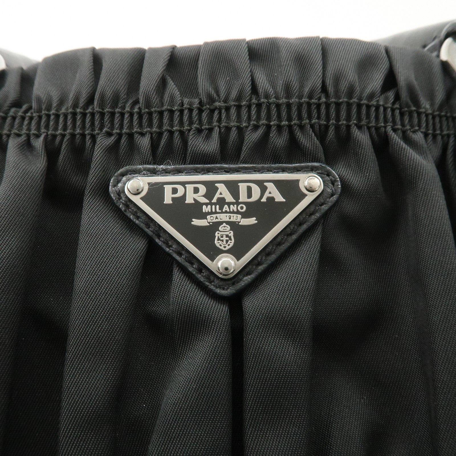 PRADA Logo Nylon Leather Gathered Shoulder Bag BN1616