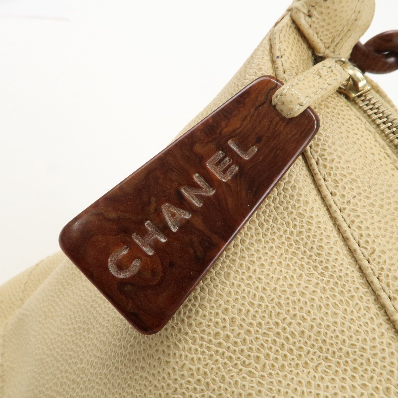 CHANEL Caviar Skin COCO Mark Wood Chain Shoulder Bag Beige Used