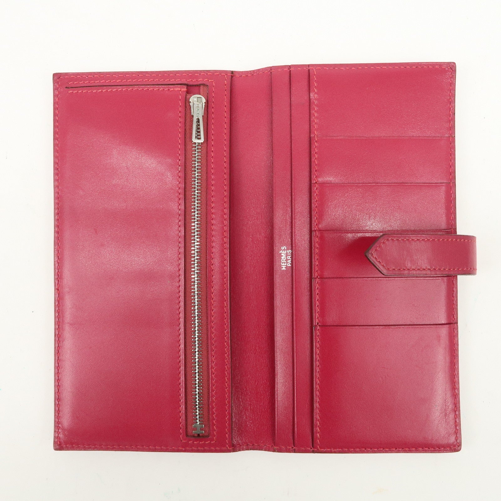 HERMES Leather Bearn I Engraved Long Wallet Pink Used