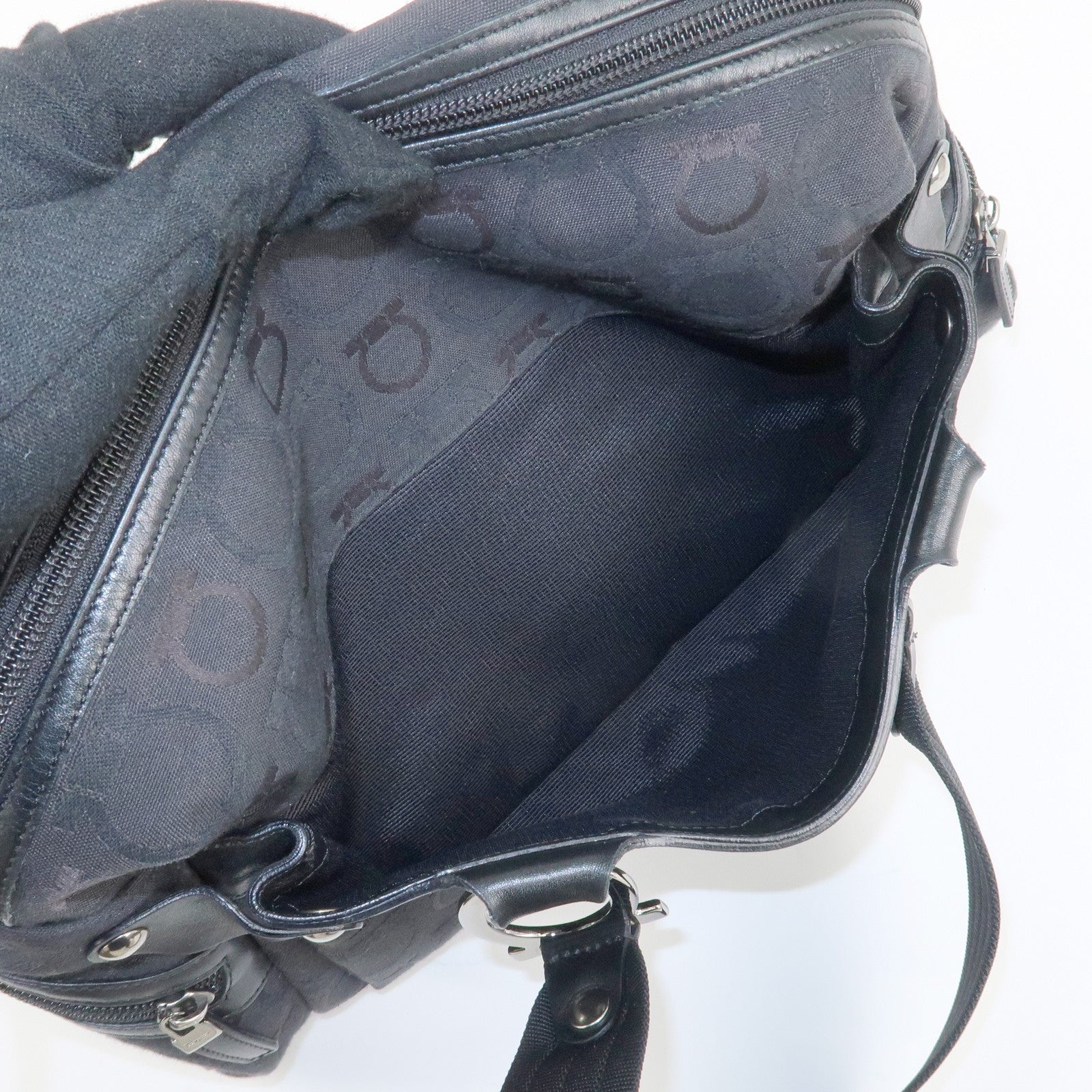 Ferragamo Gancini Pattern Canvas Leather Boston Bag Black Used