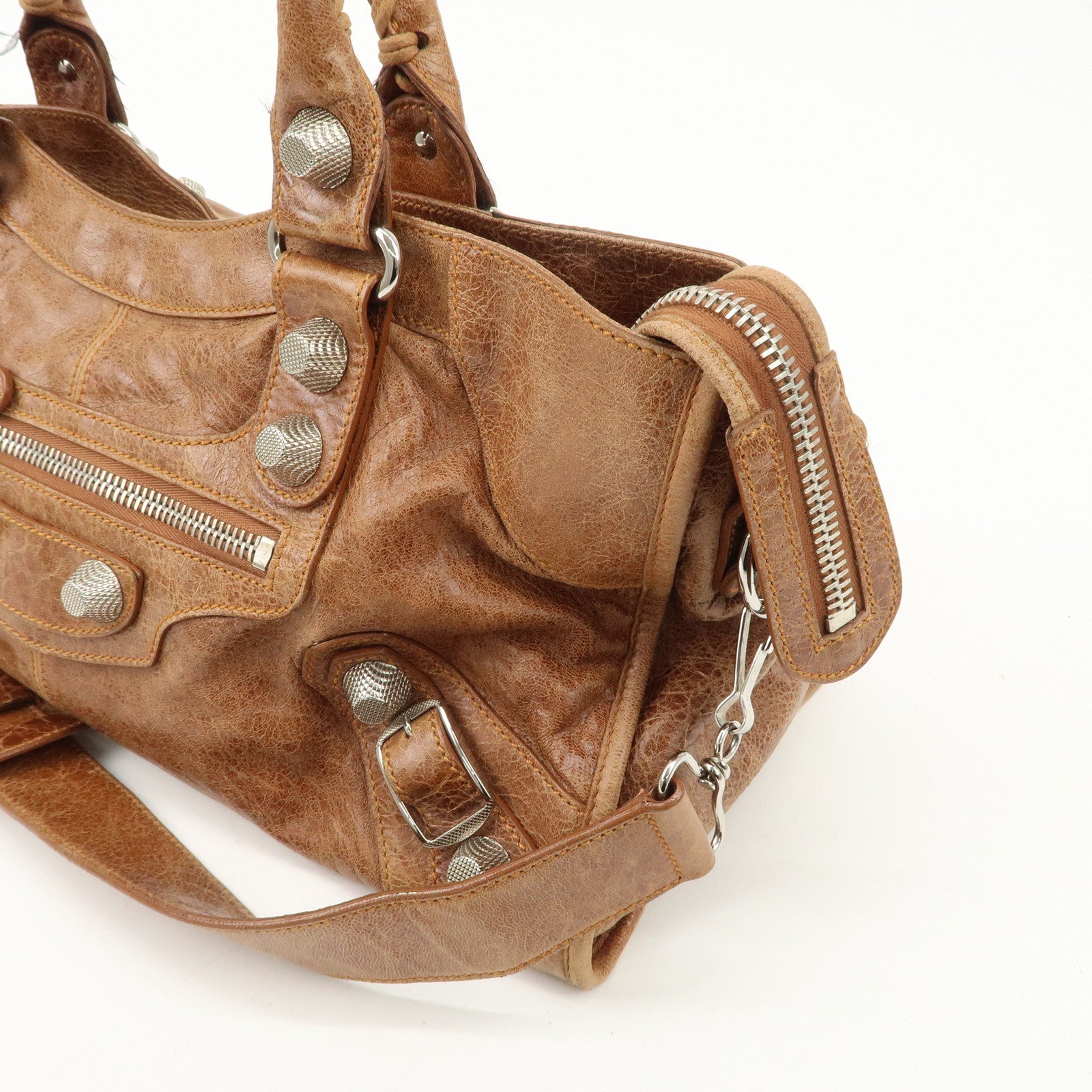 BALENCIAGA Giant City 2Way Bag Hand Bag Brown Silver HDW 173082 Used