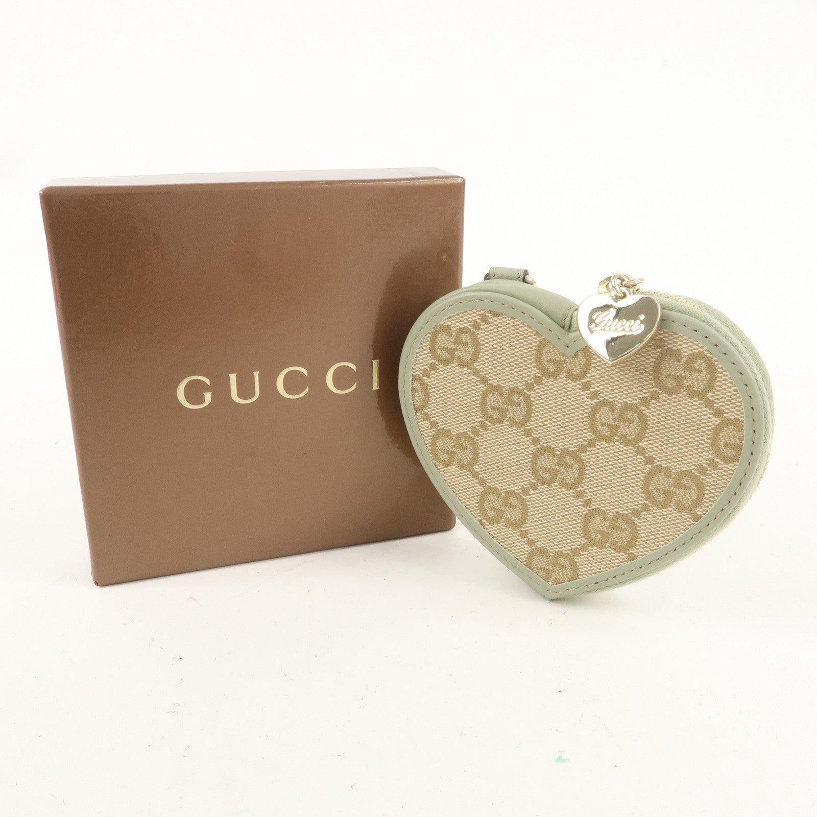 GUCCI GG Canvas Leather Heart Coin Case Wallet Light Green 152615