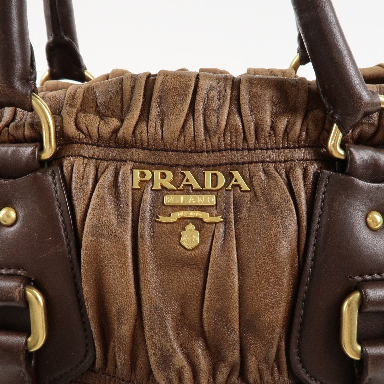 PRADA Logo Leather Gather 2Way Hand Bag Shoulder Bag Brown