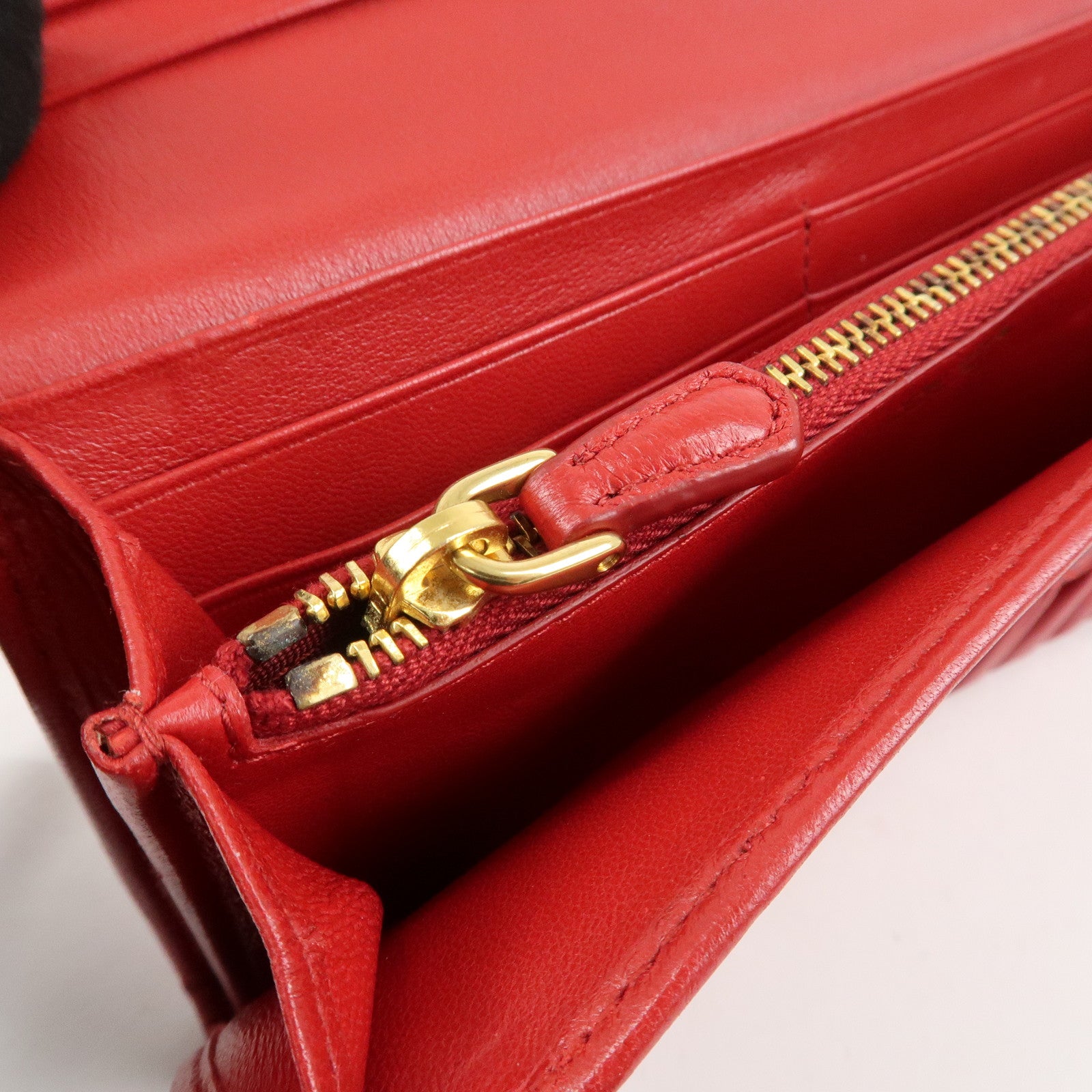 PRADA Logo Leather Bi-Fold Long Wallet Red Gold Hardware