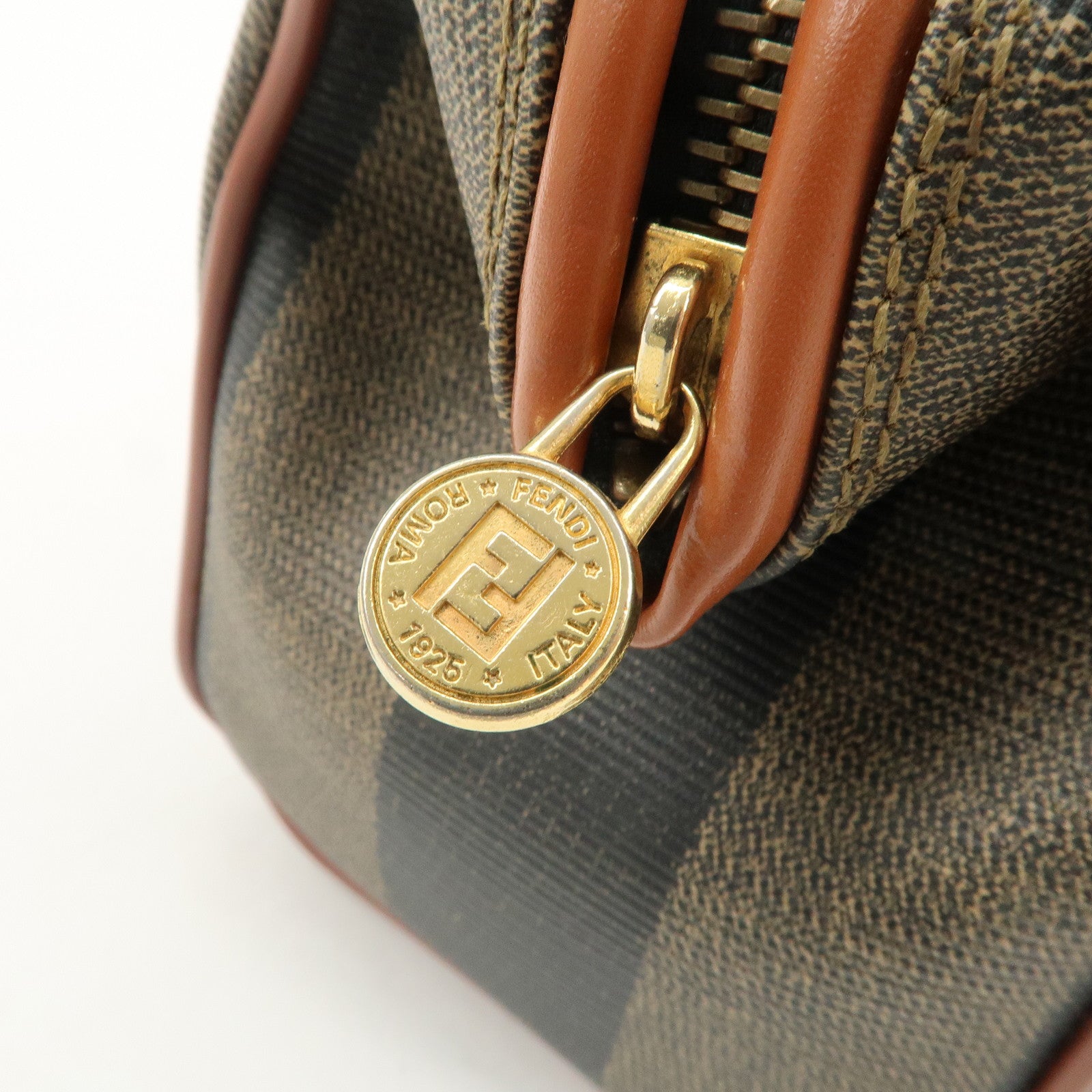 FENDI Pequin PVC Leather 2Way Mini Boston Bag Brown Black Used