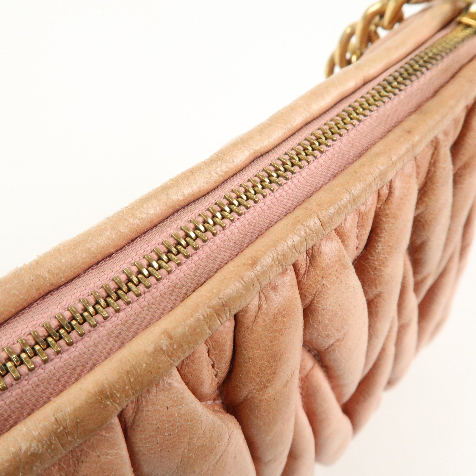 MIU MIU Logo Matelasse Leather Shoulder Bag Pink Beige Gold HDW