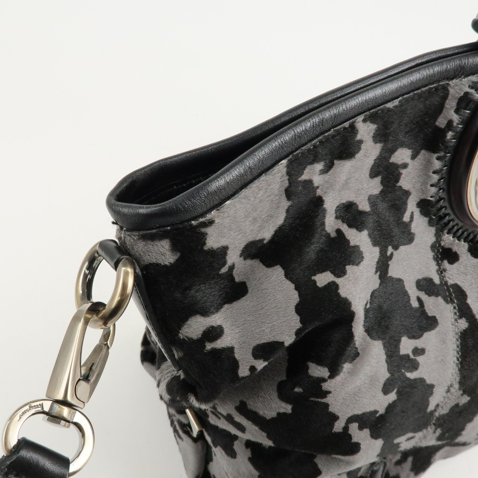 Ferragamo Gancini Unborn Calf Leather 2Way Bag Gray Black Used