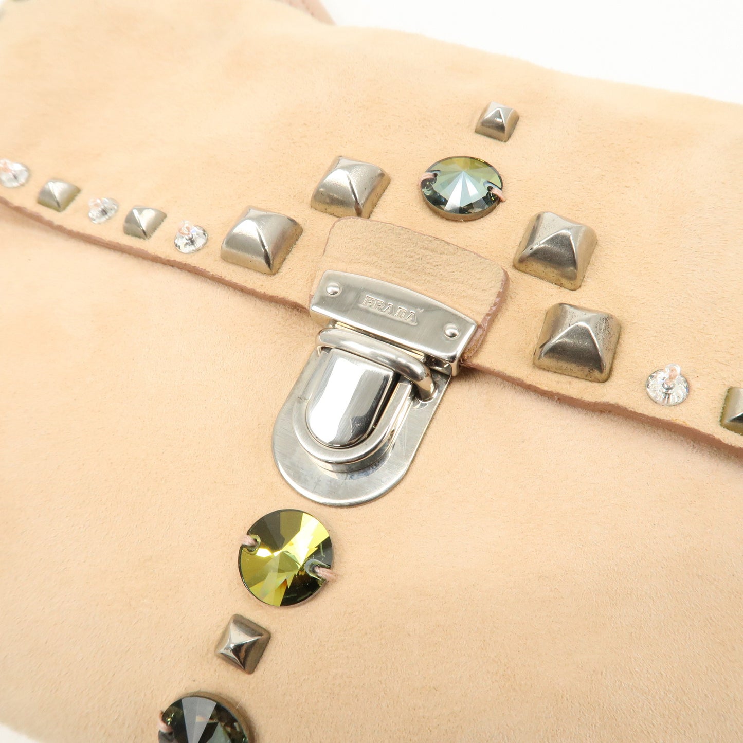 PRADA Suede Leather Triangle Logo Studs Bijou Semi-Shoulder Bag