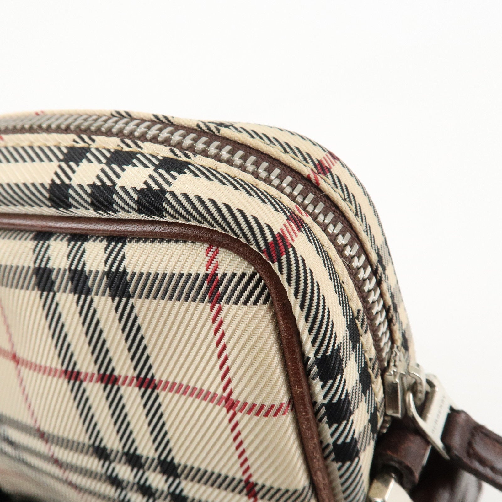 BURBERRY Nylon Leather Nova Plaid Shoulder Bag Beige Brown Used