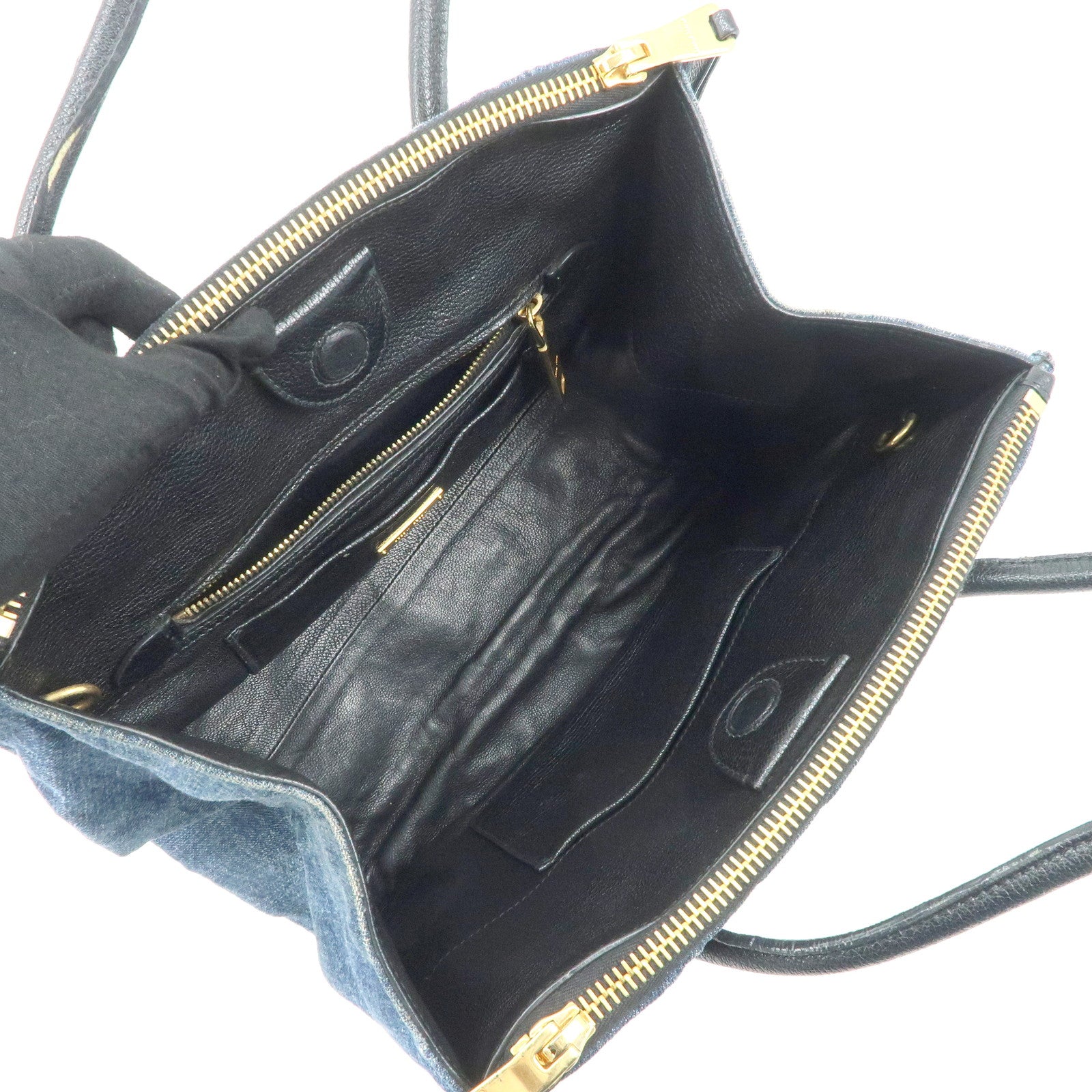 MIU MIU Denim Leather Biker 2Way Tote Bag Blue Black RN1031