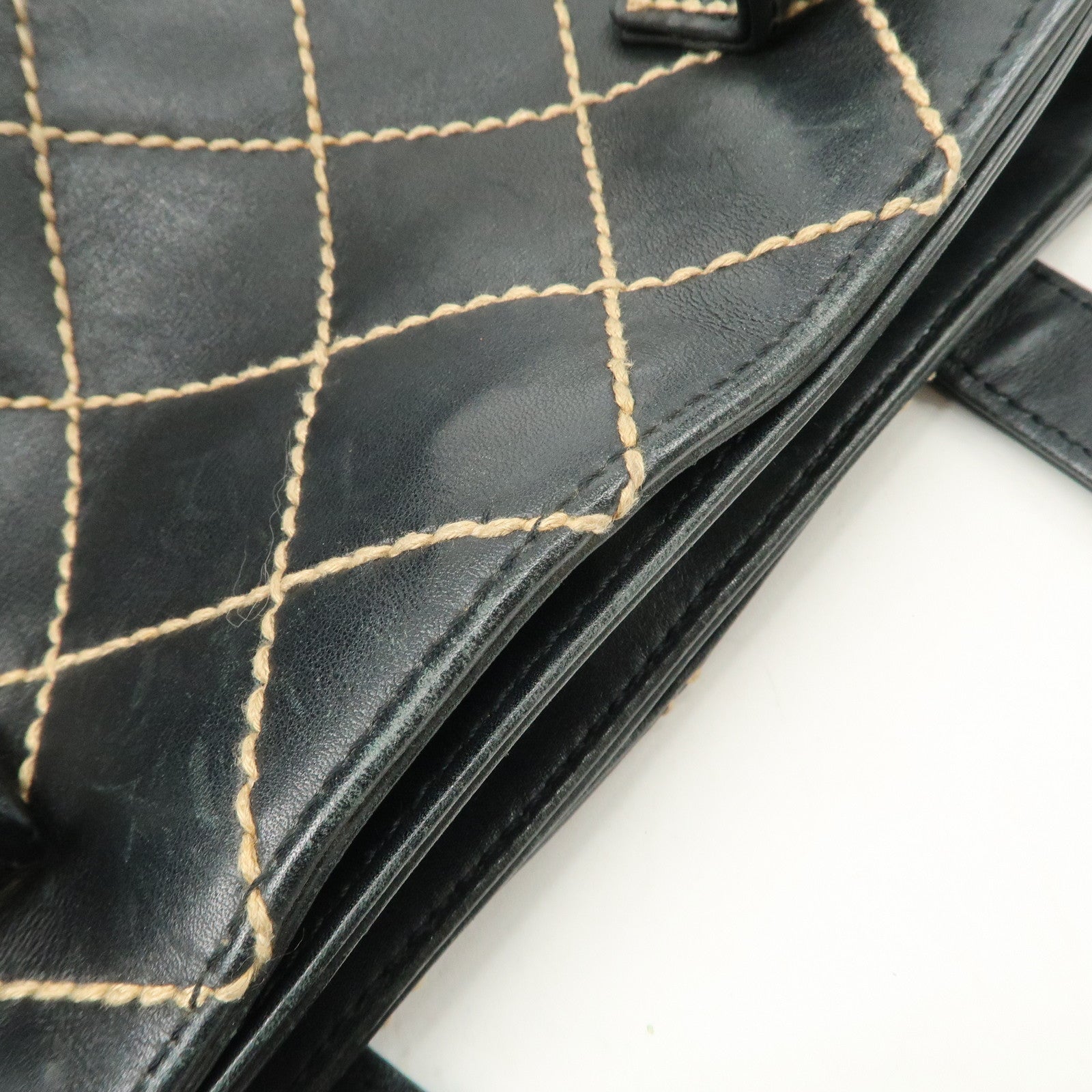 CHANEL Wild Stitch Lamb Skin Tote Bag Hand Bag Black A18126 Used