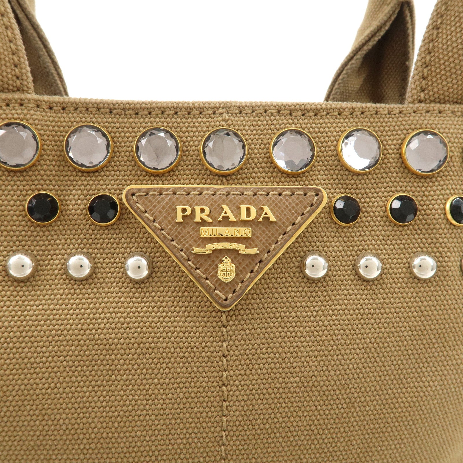 PRADA Logo Canapa Canvas Bijou Studs 2Way Hand Tote Bag Brown Used