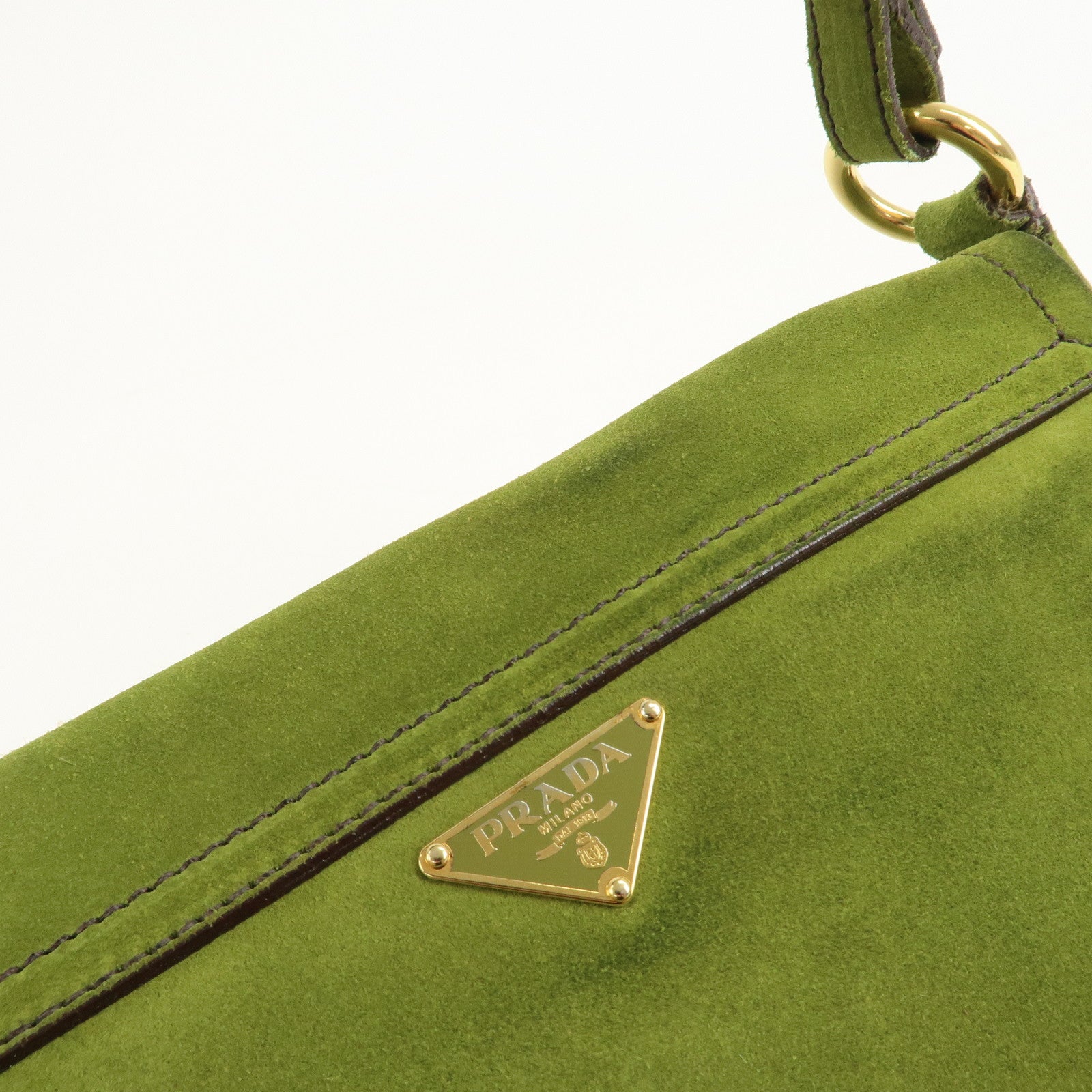 PRADA Suede One Shoulder Bag Green Gold Hardware