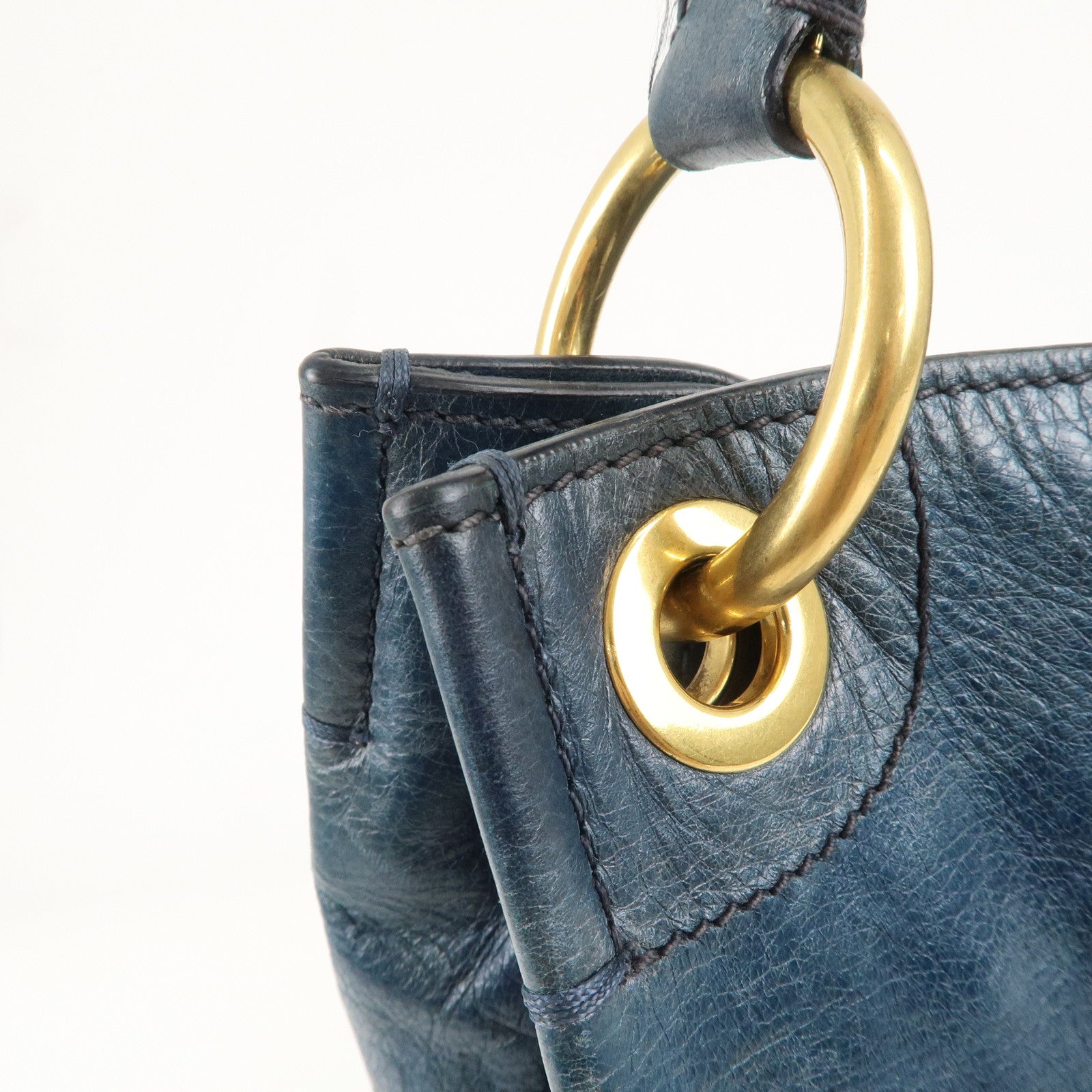 PRADA Logo Leather One Shoulder Bag Blue Gold Hardware BR4829