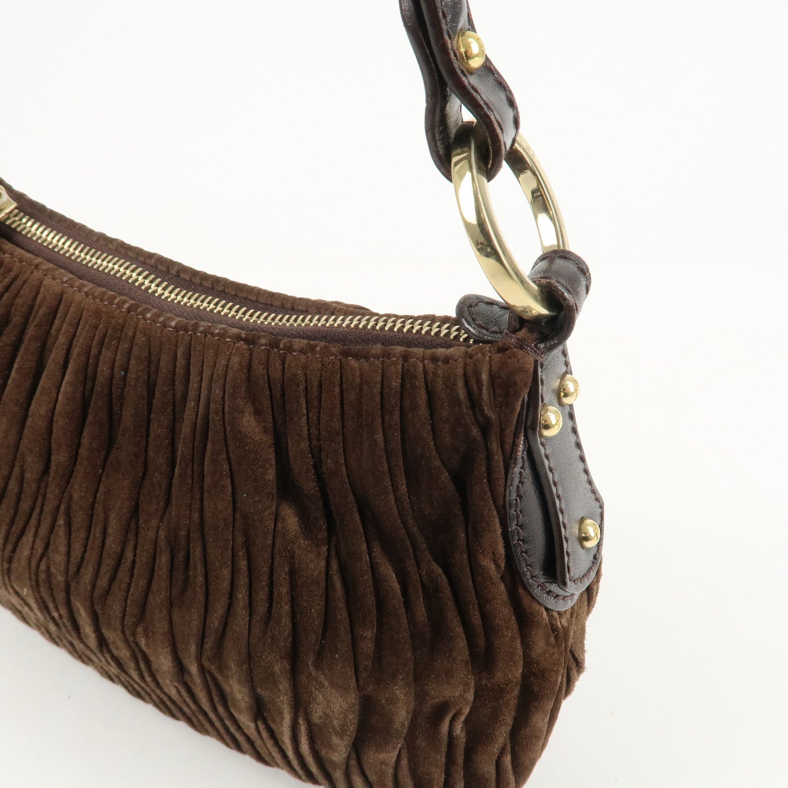 FENDI Suede Leather Gathered Shoulder Bag Dark Brown 8BR454 Used