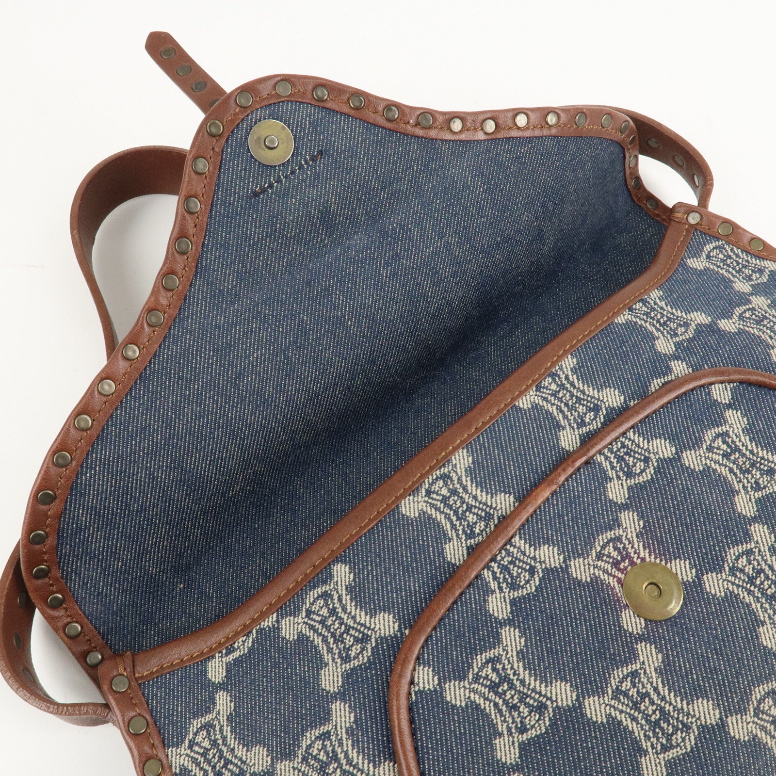 CELINE Macadam Denim Leather Shoulder Bag Blue Brown Used