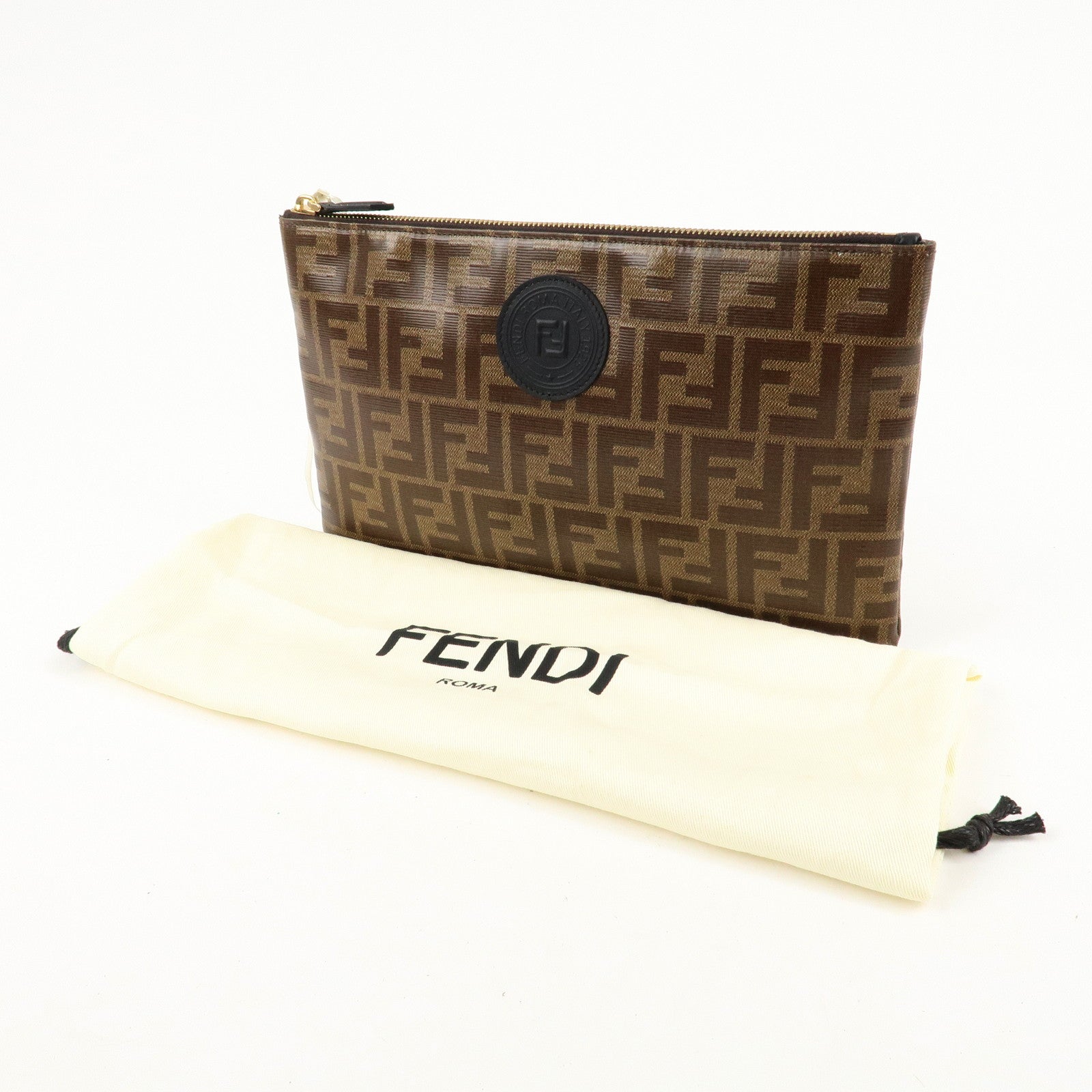 FENDI Zucca PVC Leather Clutch Bag Brown Black 8N0149 Used