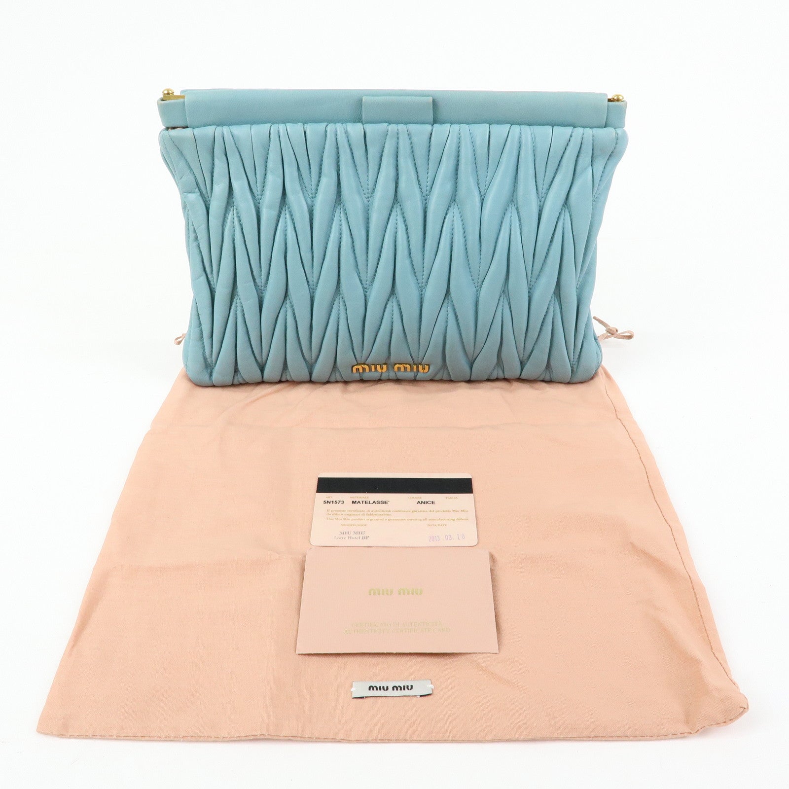 MIU MIU Logo Matelasse Nappa Leather Clutch Bag Light Blue 5N1573