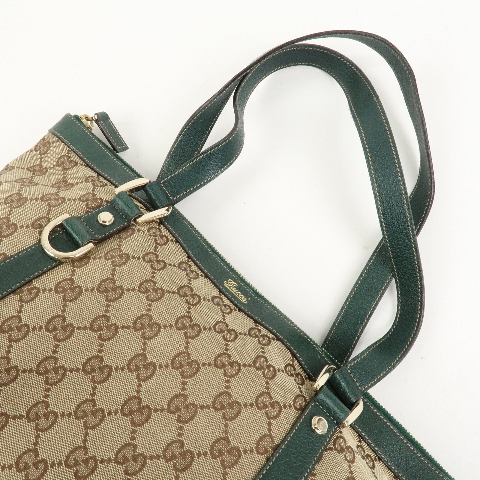 GUCCI Abbey GG Canvas Leather Tote Bag Beige Dark Green 141470