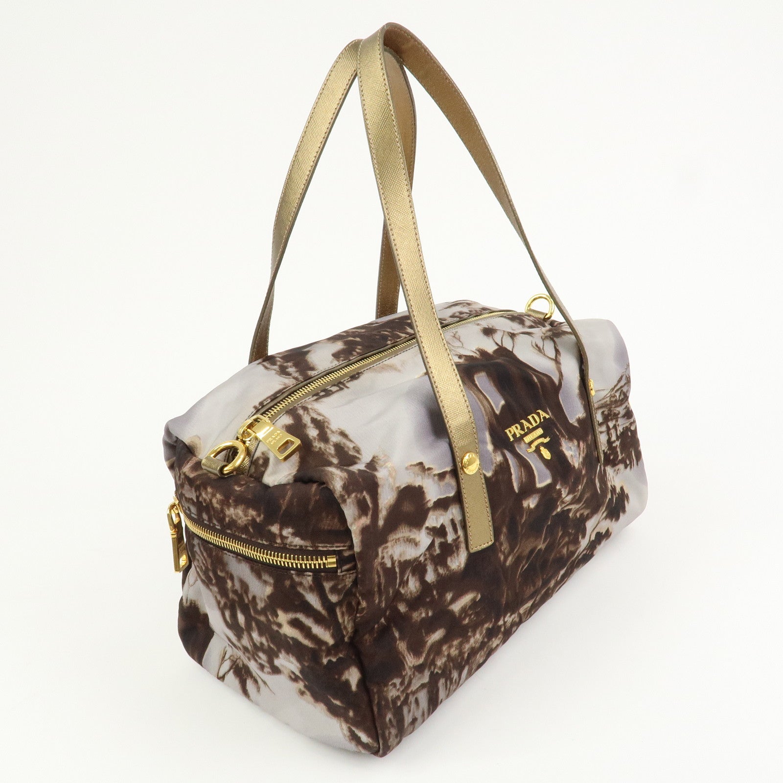 PRADA Logo Nylon Leather Boston Bag Shoulder Bag Gray Gold BL0567