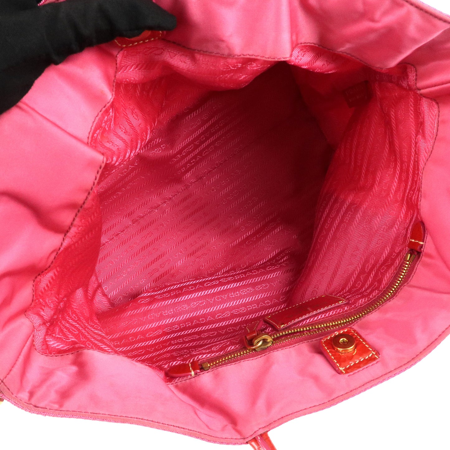 PRADA Nylon Patent Leather Logo Tote Bag Pink Red