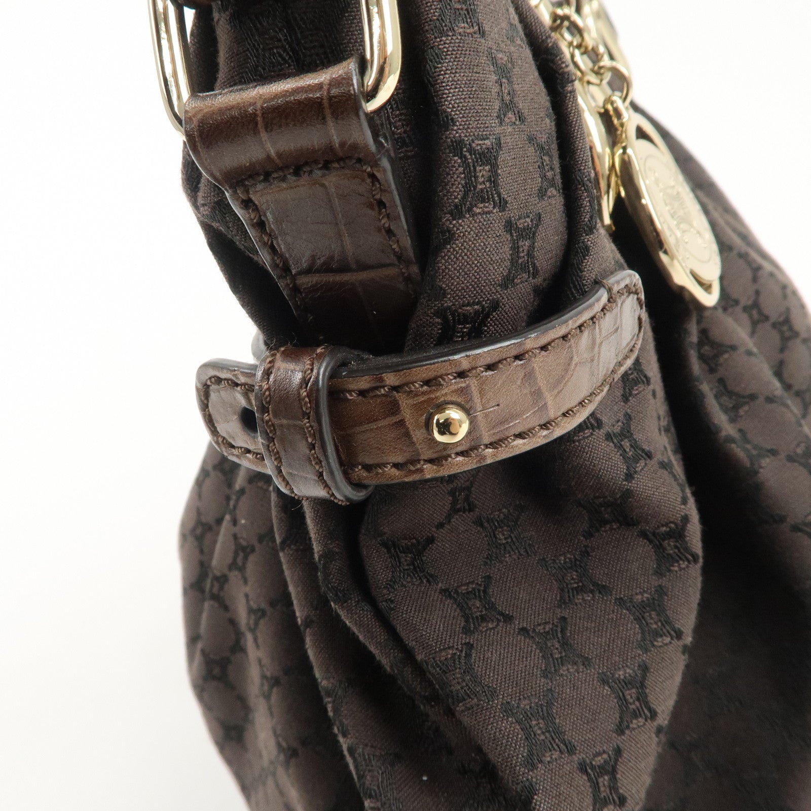 CELINE Macadam Canvas Leather 2Way Bag Gold Charm Dark Brown Used
