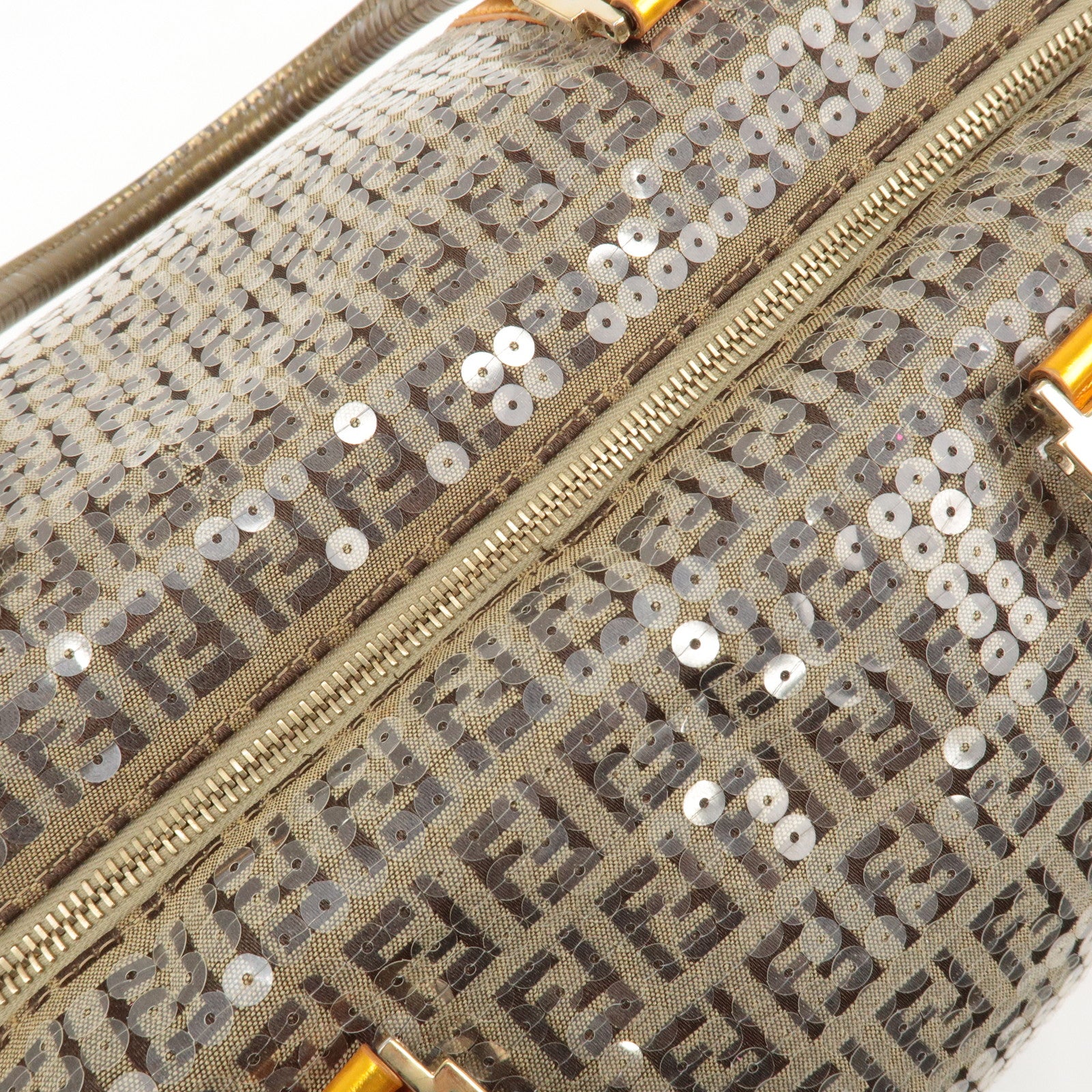 FENDI Zucchino Canvas Leather Beaded Boston Bag 8BL099