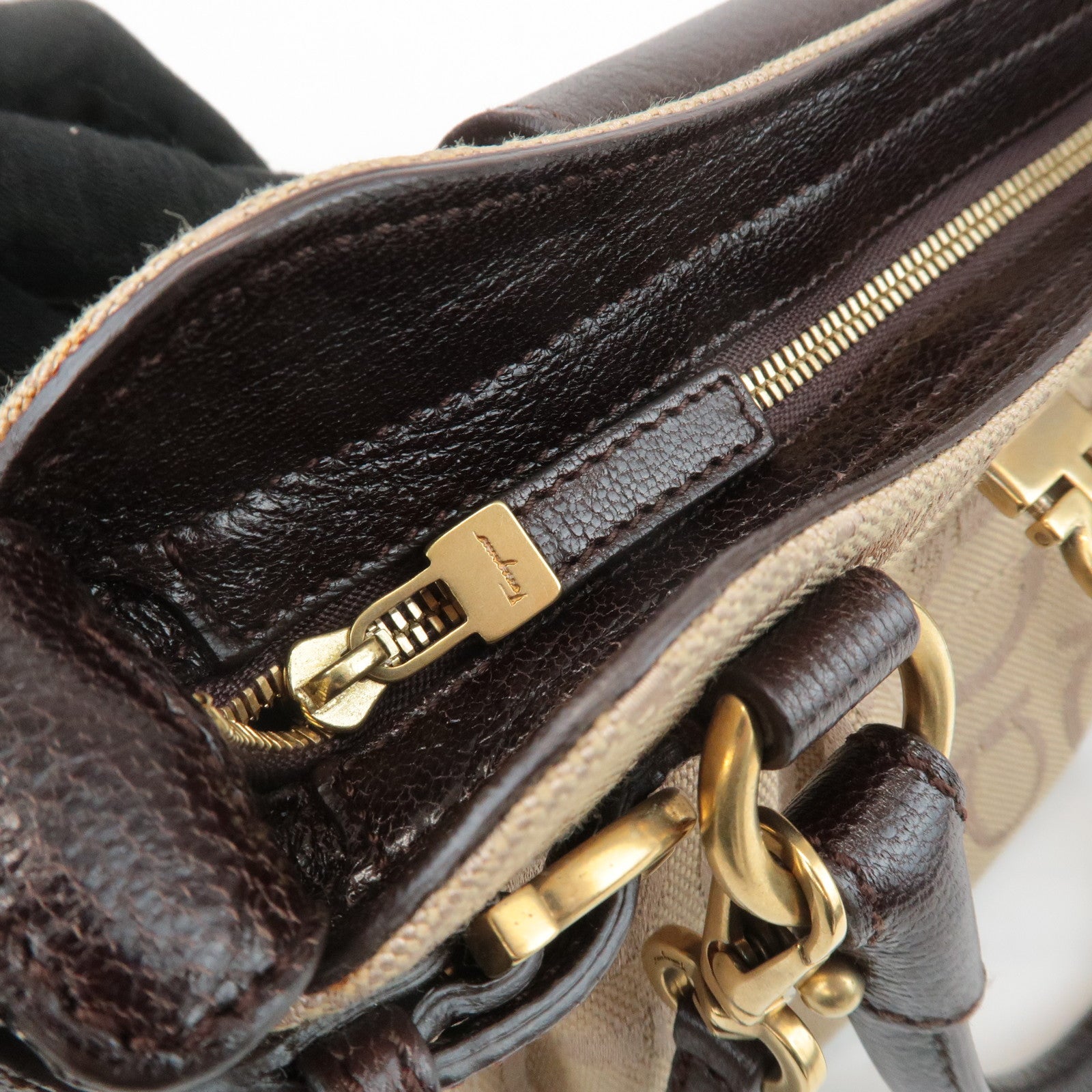 Ferragamo Gancini Canvas Leather 2Way Bag Beige Dark Brown Used