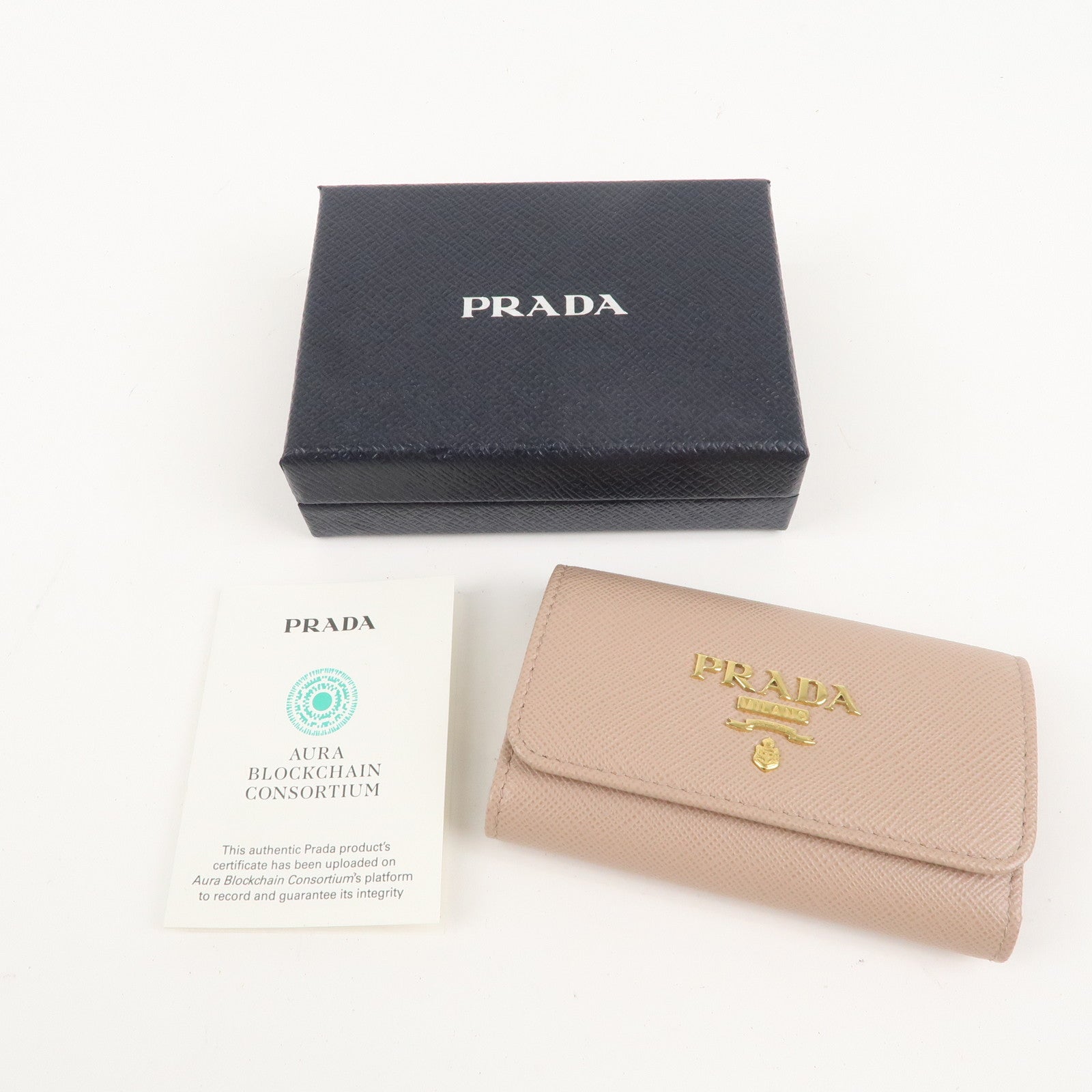 PRADA Logo Leather 4 Rings Key Case Key Holders Beige 1PG004