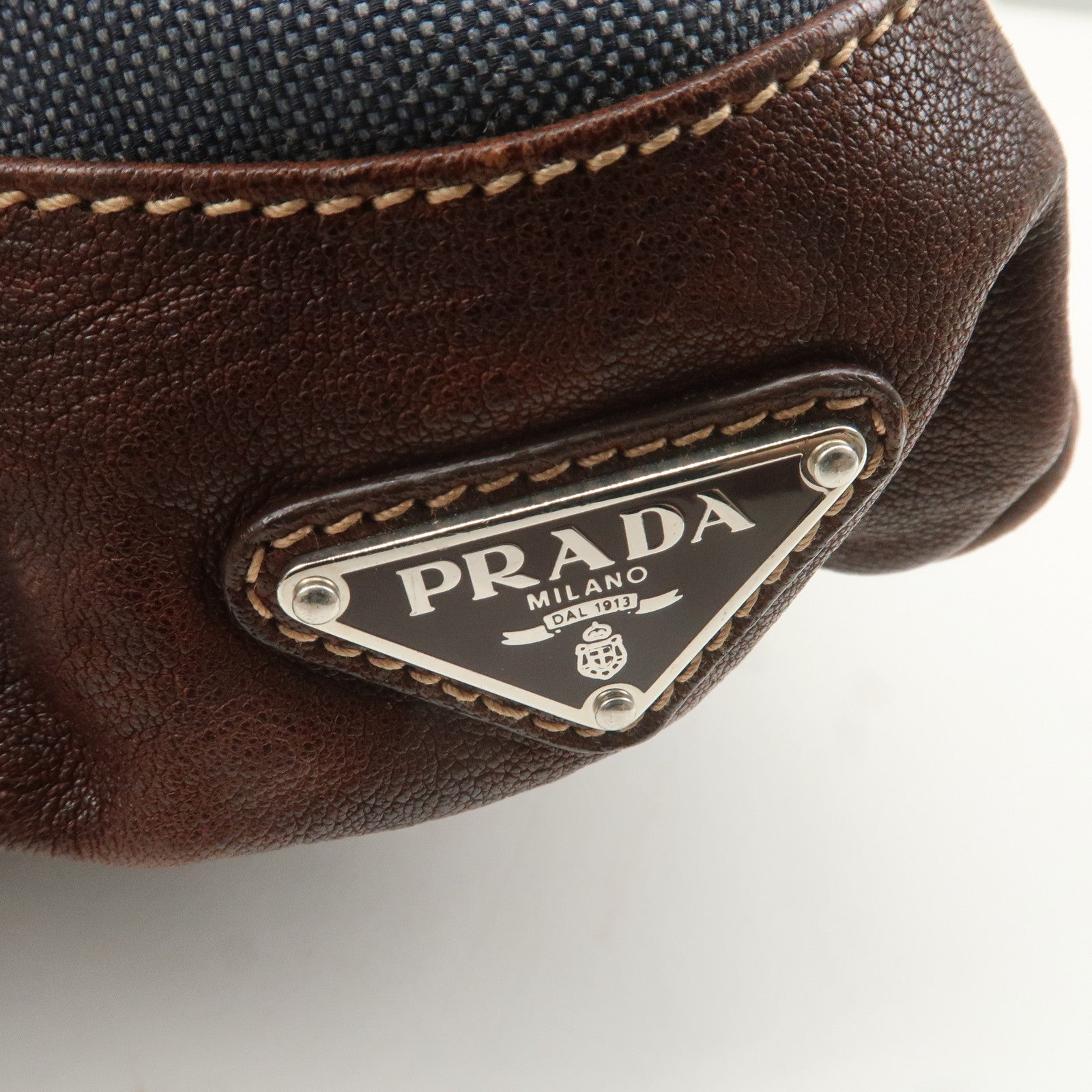 PRADA Logo Jacquard Leather Tote Bag Hand Bag Blue Dark Brown