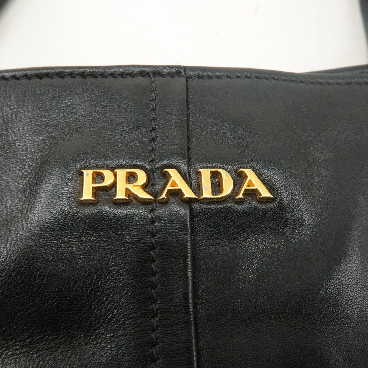 PRADA Logo Leather Tote Bag Shoulder Bag Black Gold Hardware