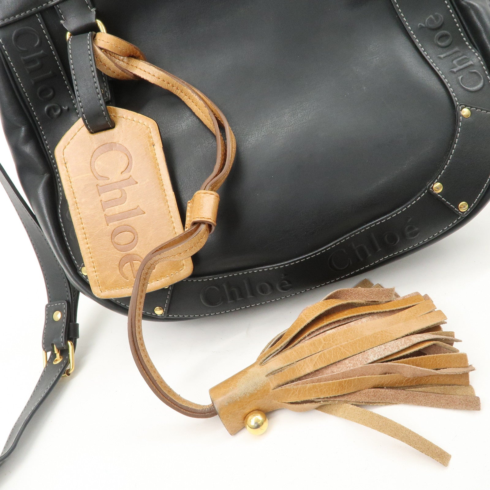 Chloe Eden Leather Tassel Shoulder Bag Black Brown Used