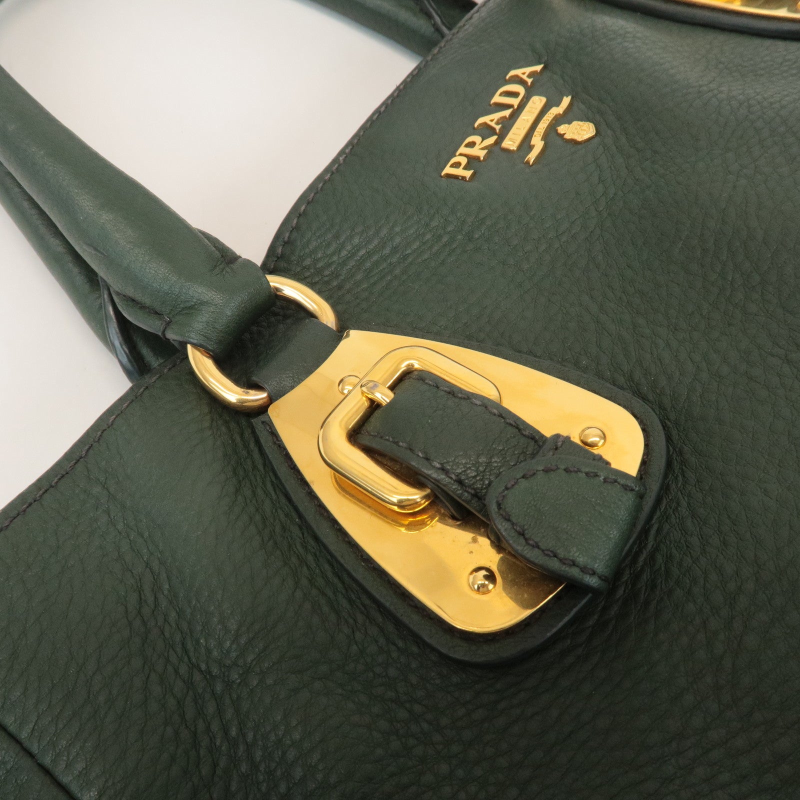 PRADA Leather 2Way Hand Bag Shoulder Bag Green Gold Hardware