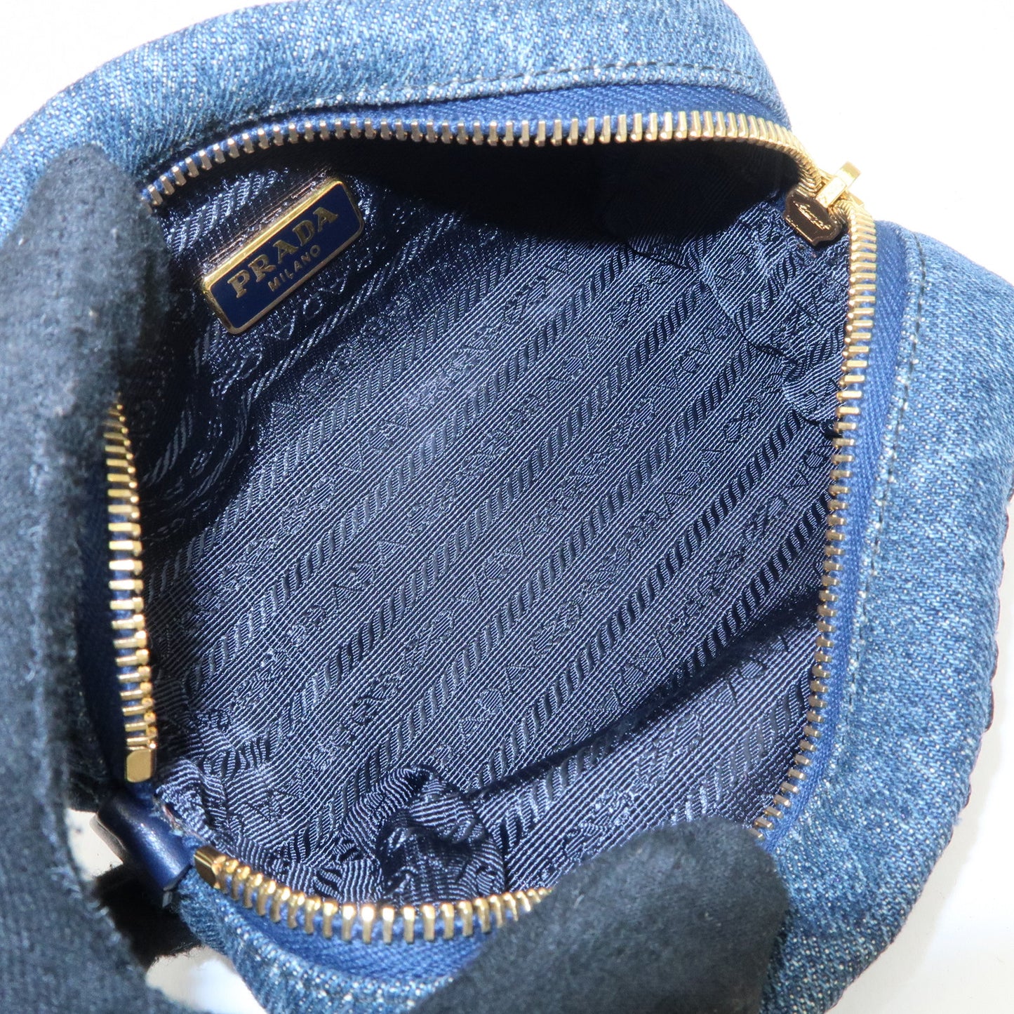 PRADA Triangle Logo Denim Pouch Cosmetic Pouch Blue Gold HDW