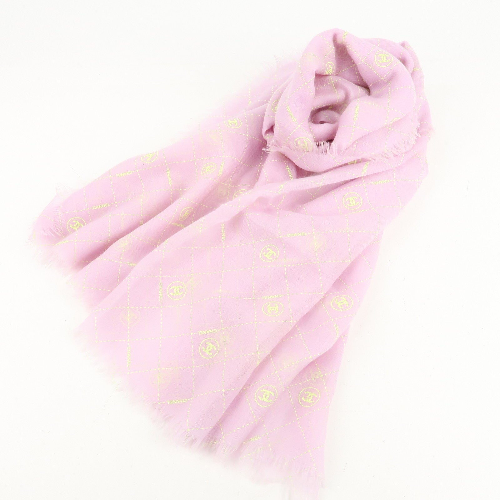 CHANEL Cashmere 100% Scarf 150×40 Light Purple Fluorescence Green