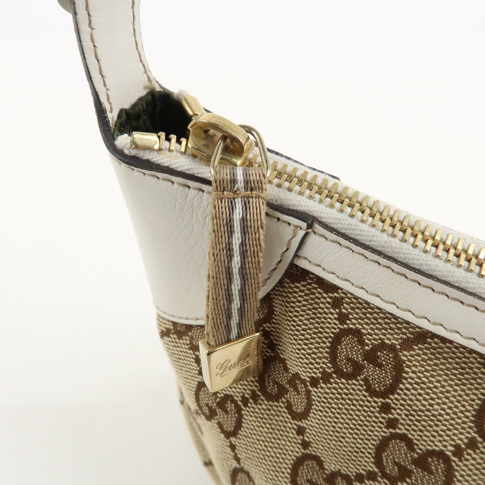 GUCCI GG Canvas Leather Shoulder Bag Hand Bag Beige White 224093 Used