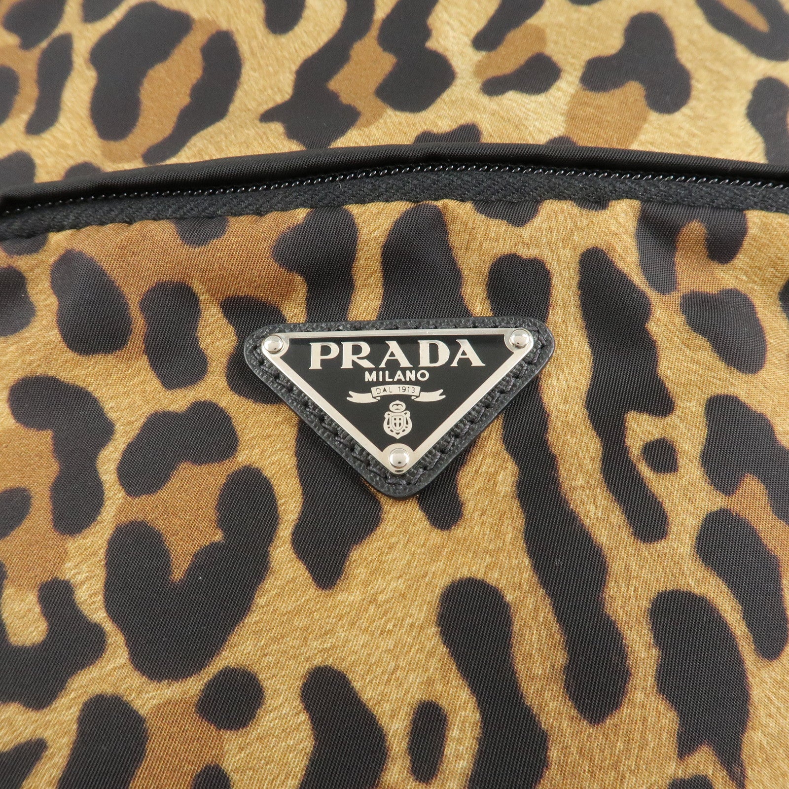 PRADA Leopard Nylon Leather Rucksack  Black Brown 1BZ001 Used