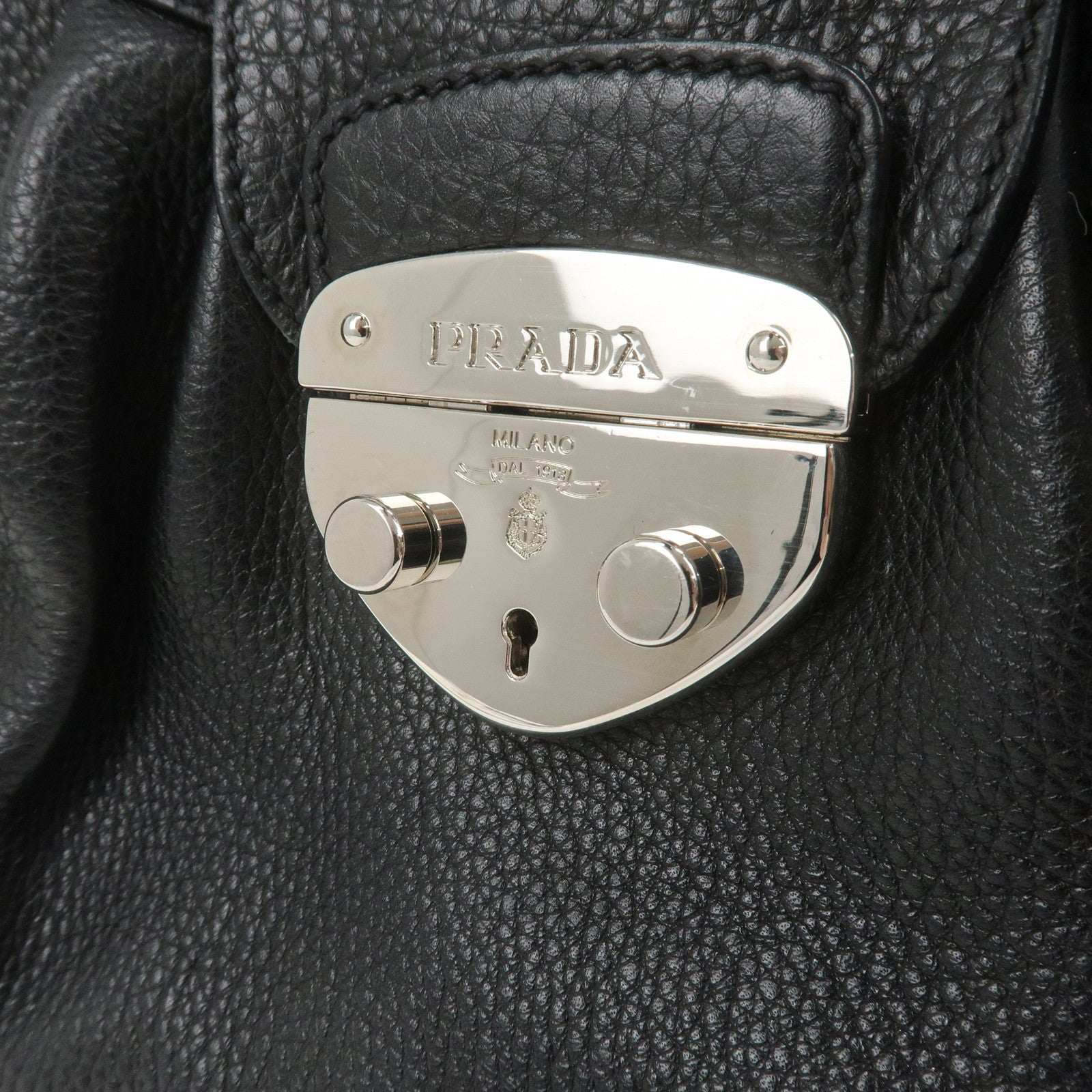 PRADA Leather Shoulder Bag Black Silver Hardware