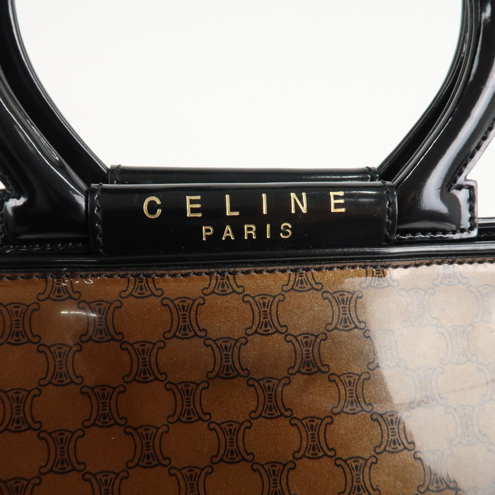 CELINE Macadam Patent Leather Mini Tote Bag Hand Bag Brown Black Used