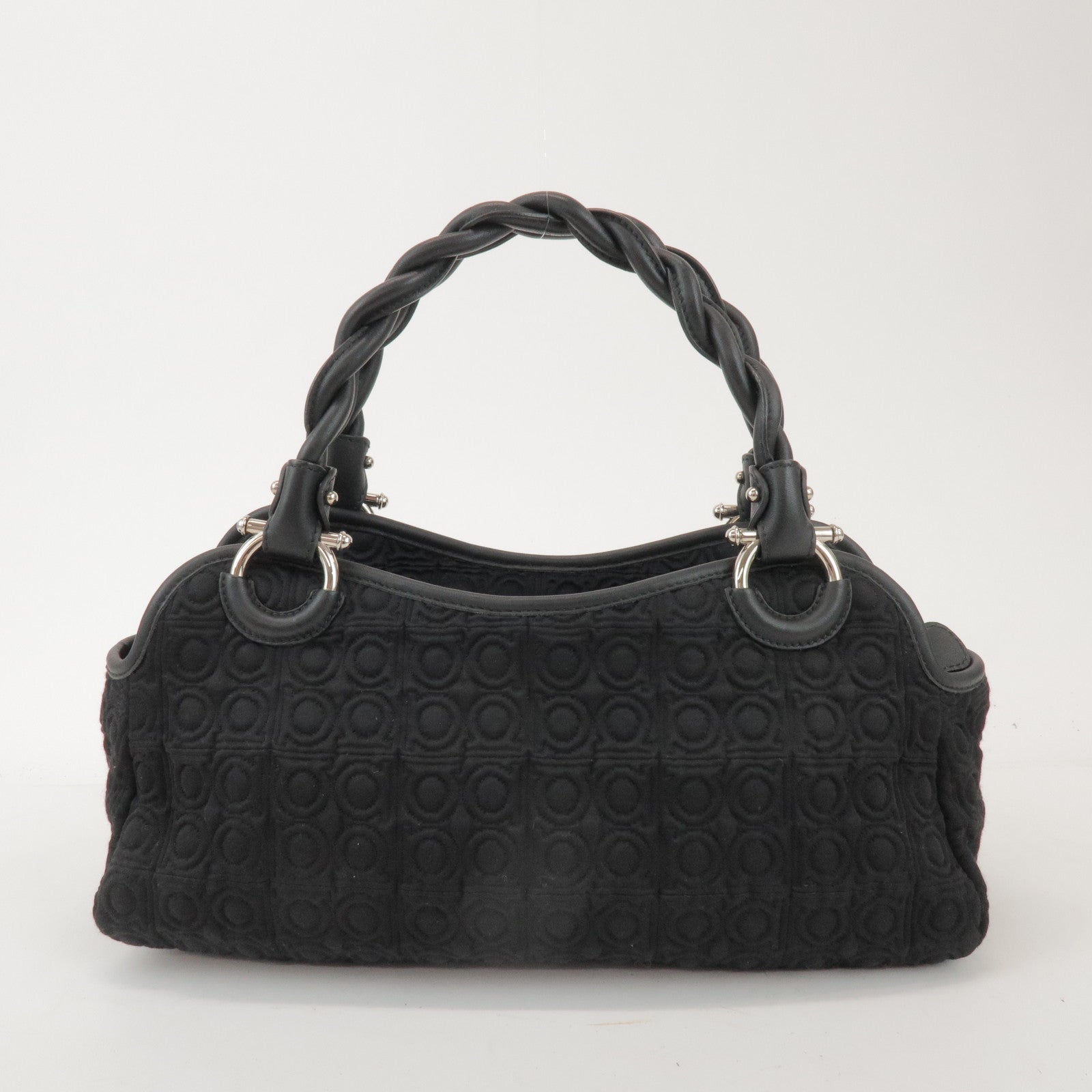 Ferragamo Gancini Canvas Leather Hand Bag Shoulder Bag Black