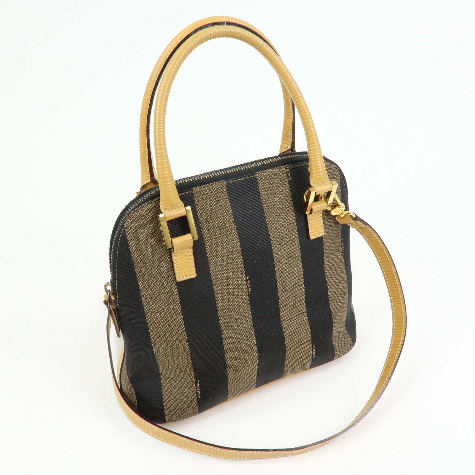 FENDI Pequin Canvas Leather 2Way Bag Hand Bag Shoulder Bag Brown