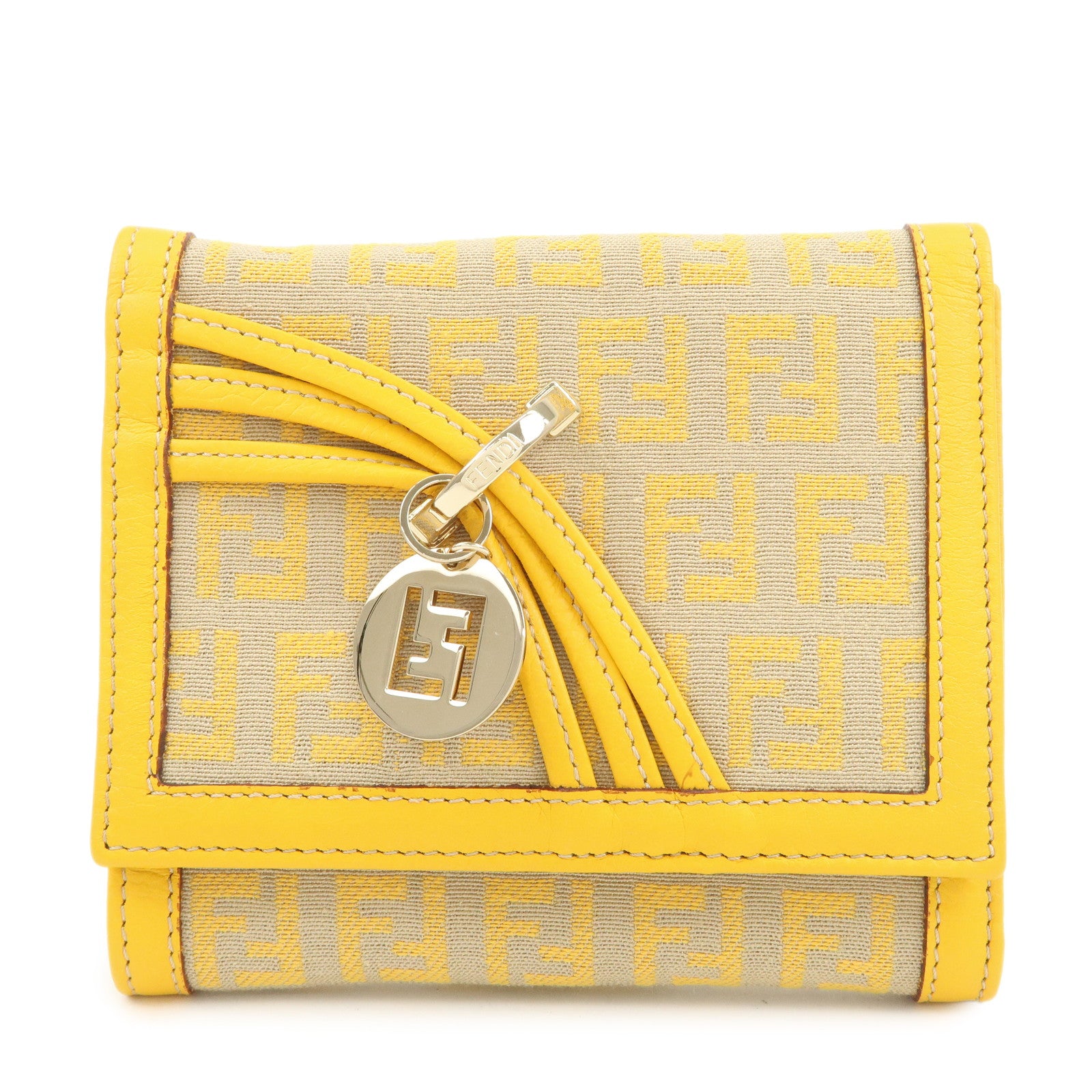 FENDI Zucchino Canvas Leather Tri-fold Compact Wallet Yellow 8M0177