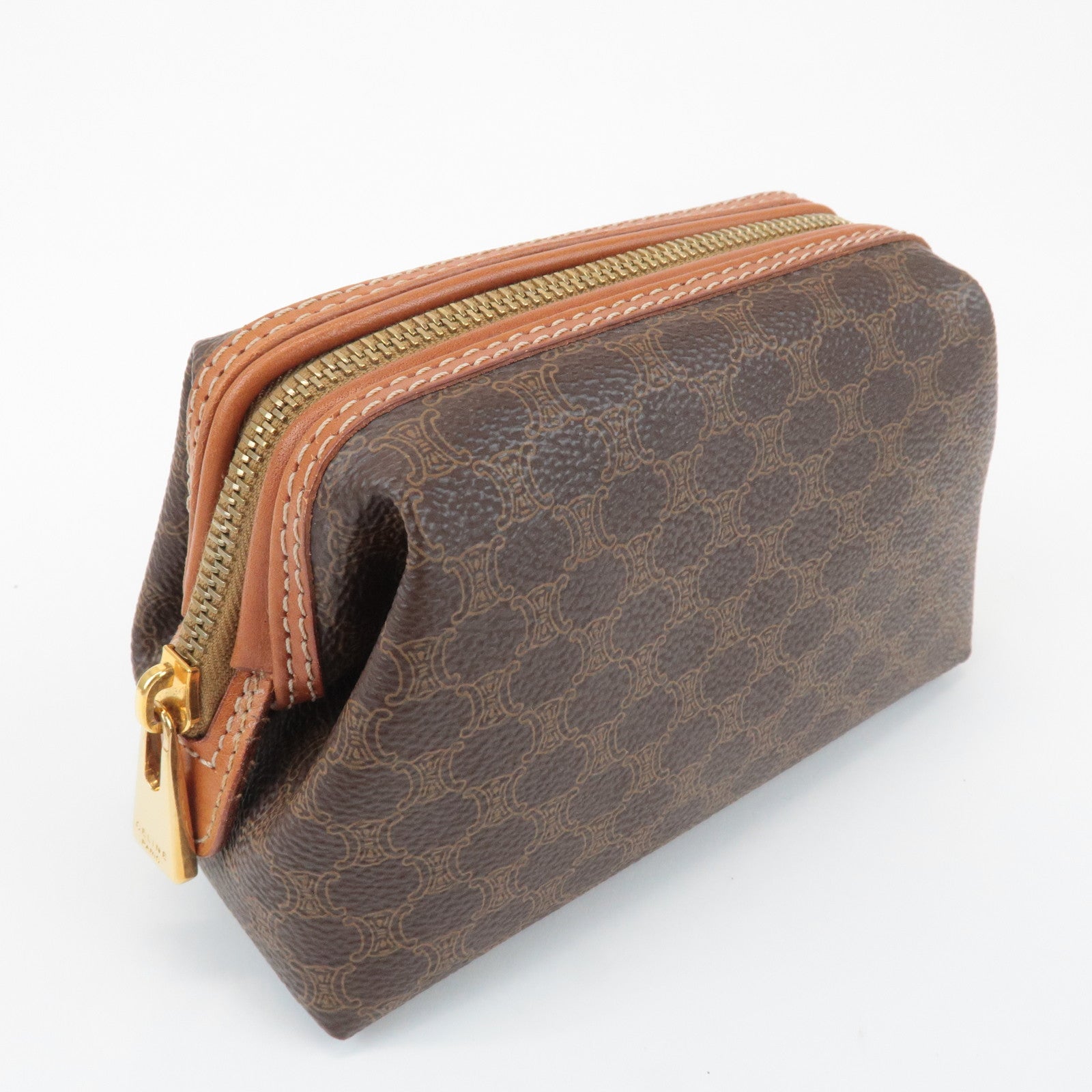 CELINE Macadam PVC Leather Canvas Pouch Brown Gold Hardware