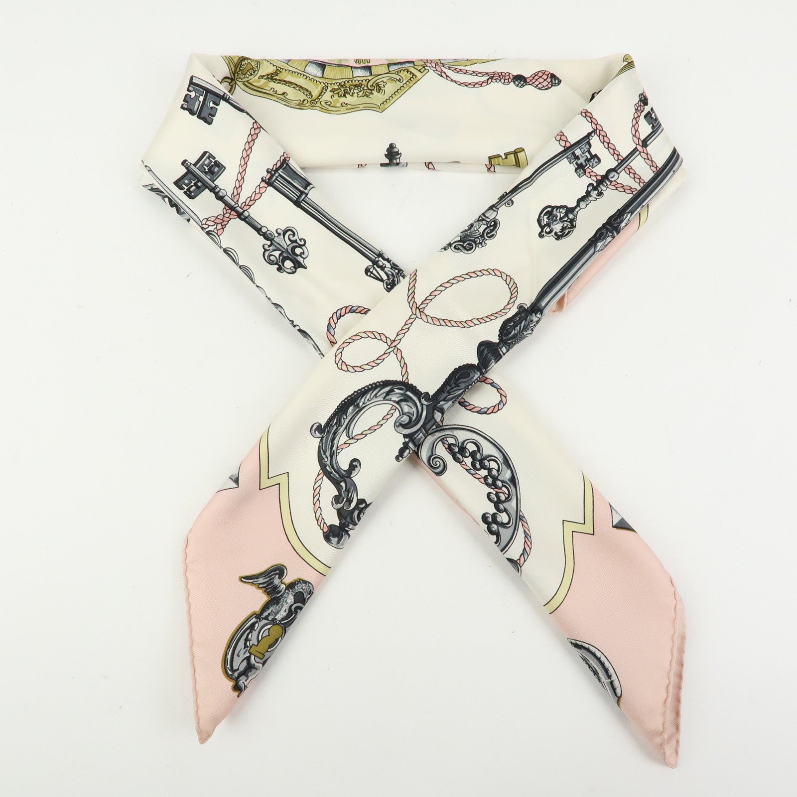 HERMES Carre 90 Silk 100% Scarf LES CLES THE KEYS RARE White Pink